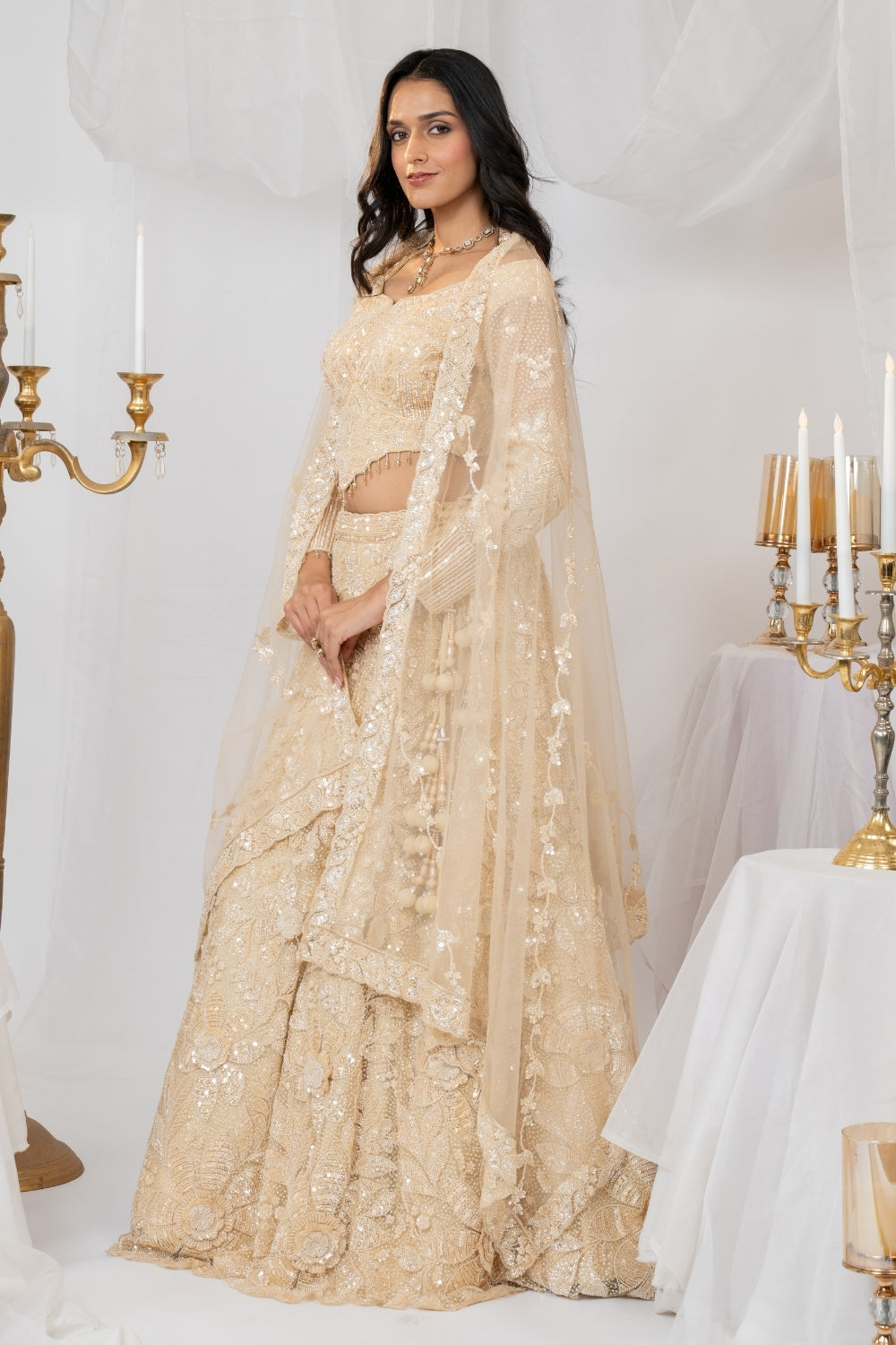 Golden Organza Net Lehenga Choli Set with Sequins and Moti Work