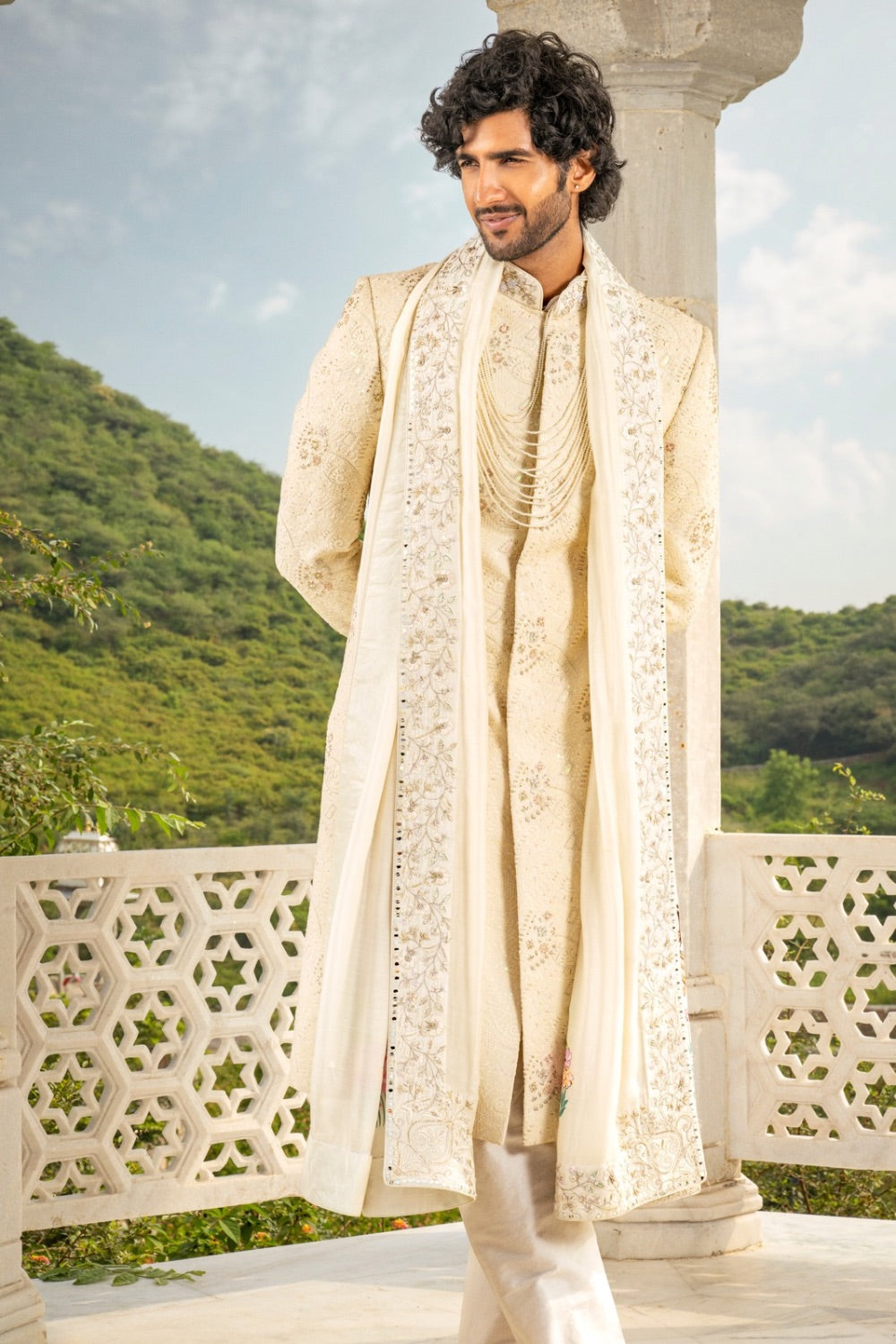 Off-White sherwani with sequin and zardozi embroidery