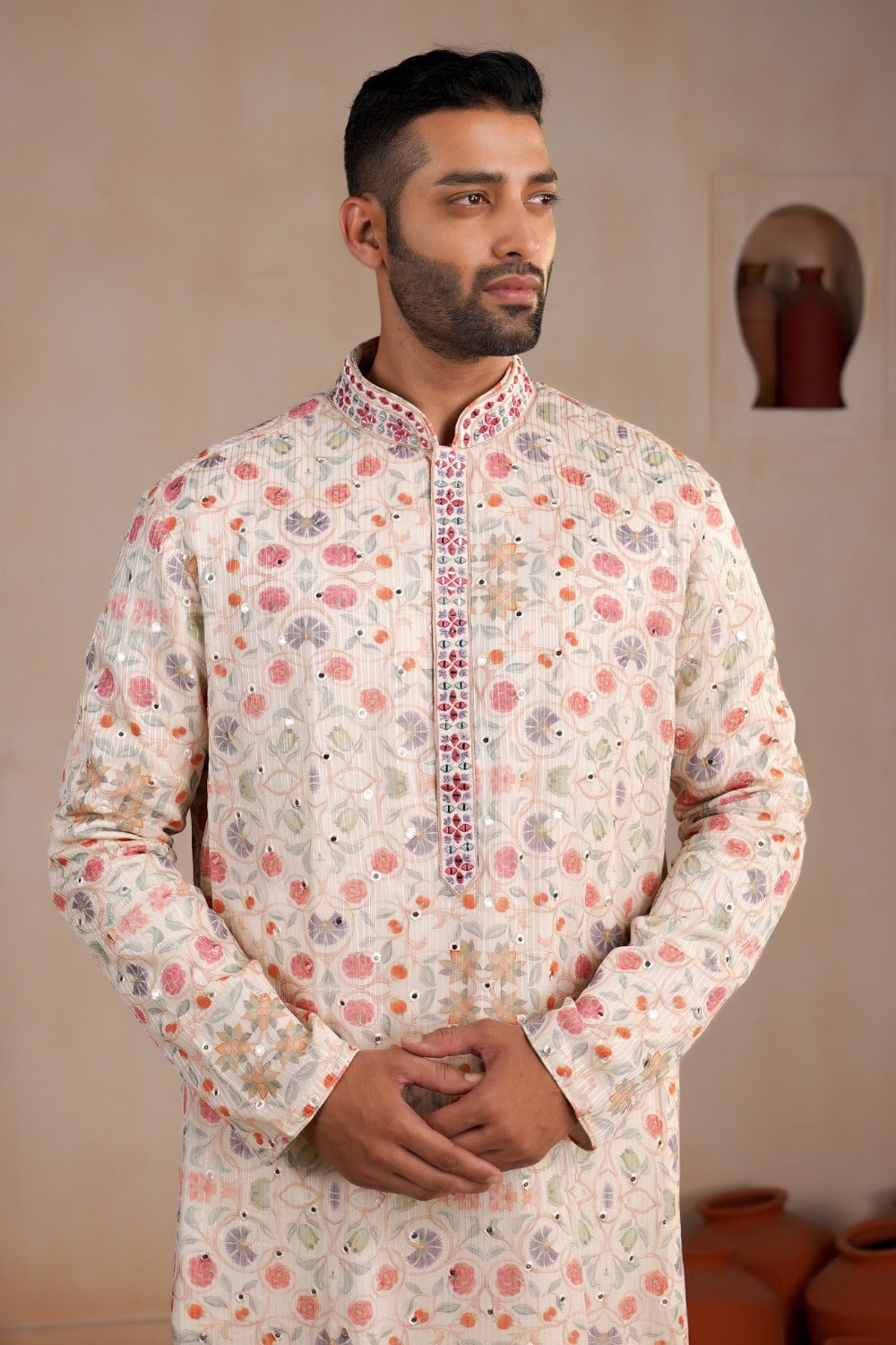 Printed off white lucknowi kurta Set