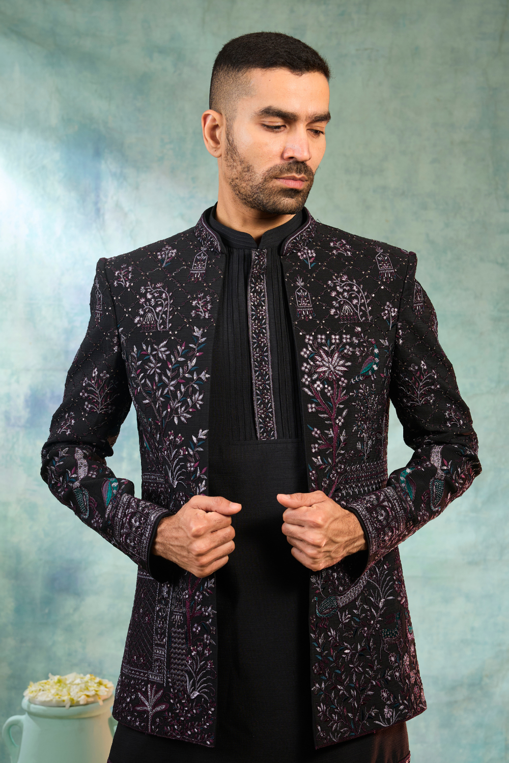 Black silk Indo-Western with multicolour thread embroidery