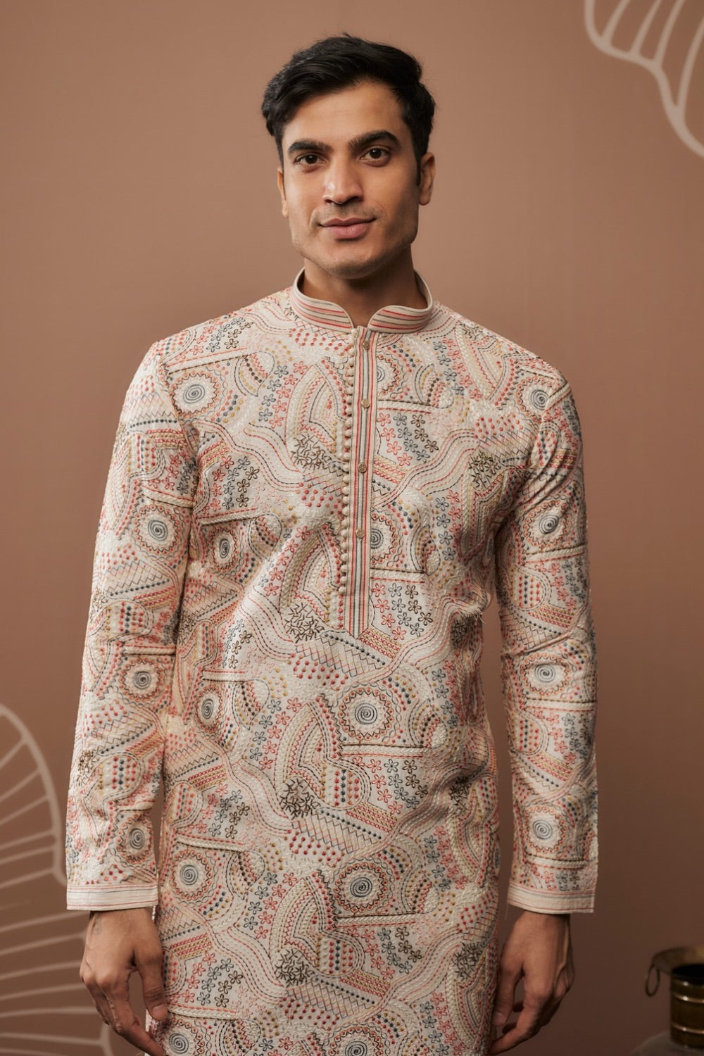 White silk kurta and pajama with colourful hand and machine work