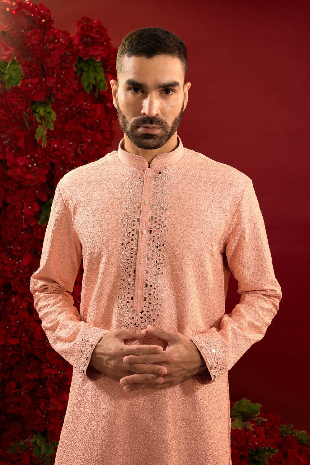 Peach silk kurta and pajama with machine work