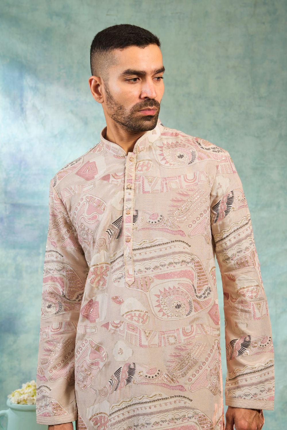 Beige silk kurta set with thread and sequins work