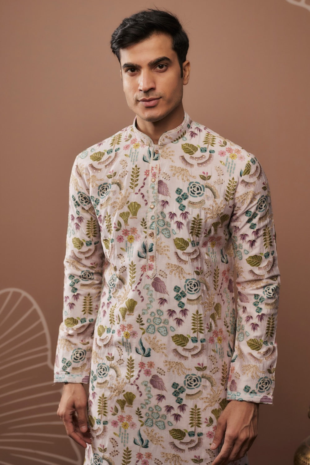 Multicolour silk kurta with hand and machine work