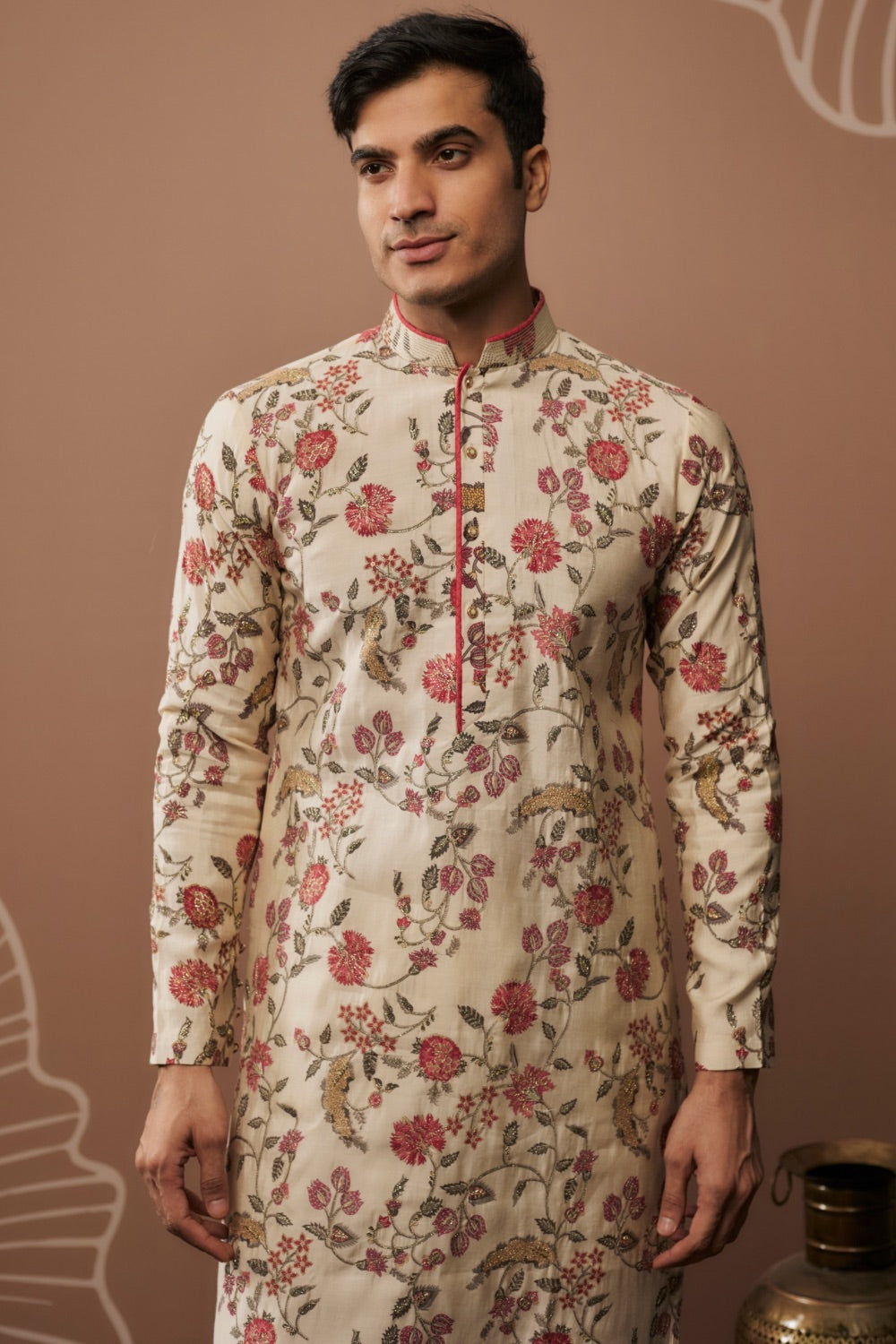 Beige silk kurta set with hand and machine work