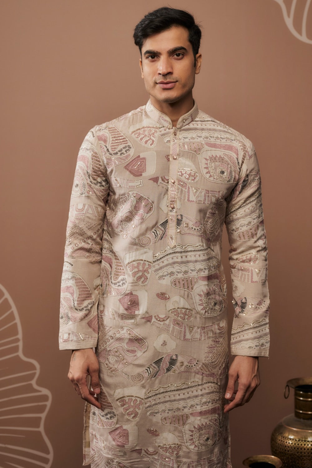 Beige silk kurta set with hand and machine work