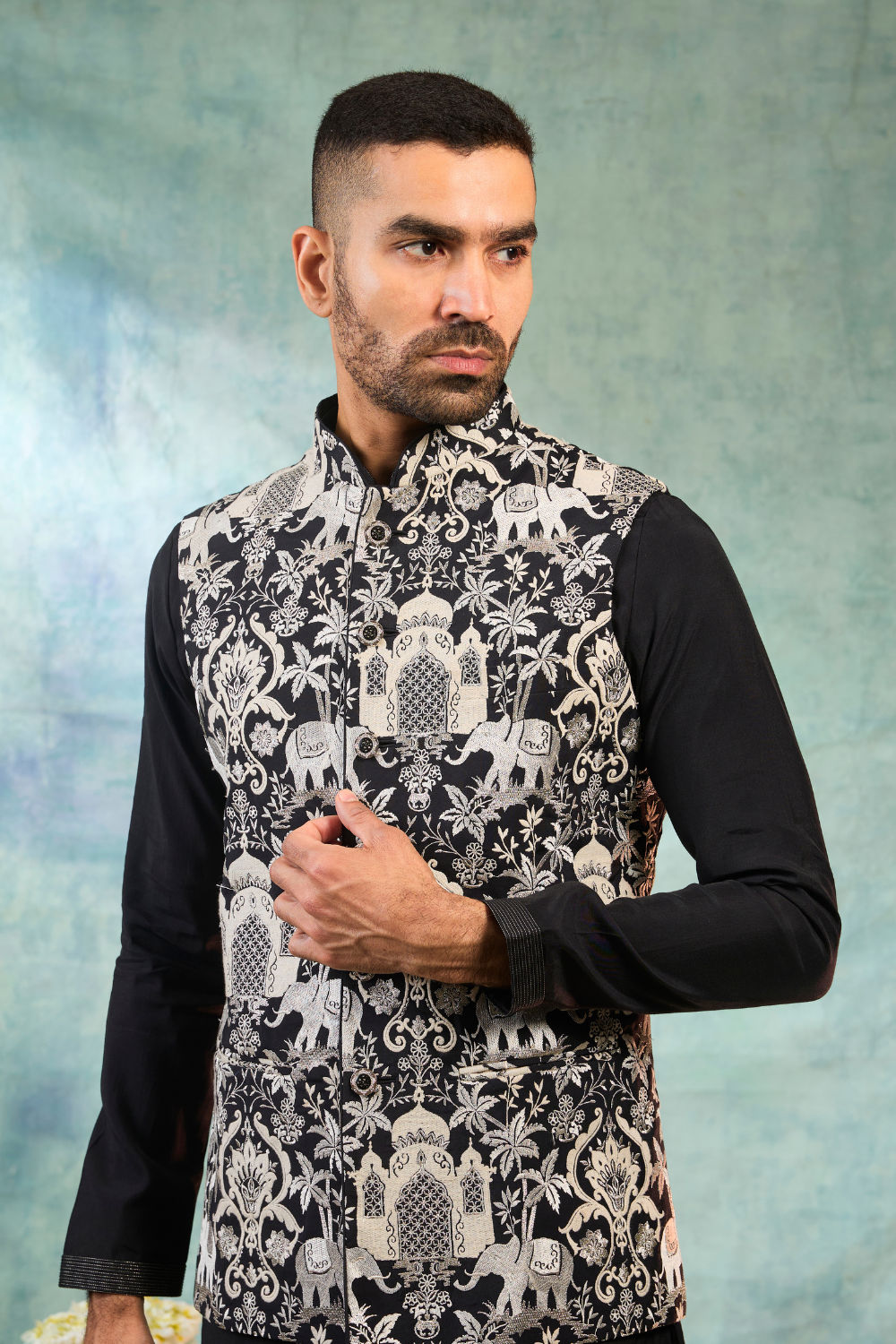 Black silk kurta set with white thread and animal work