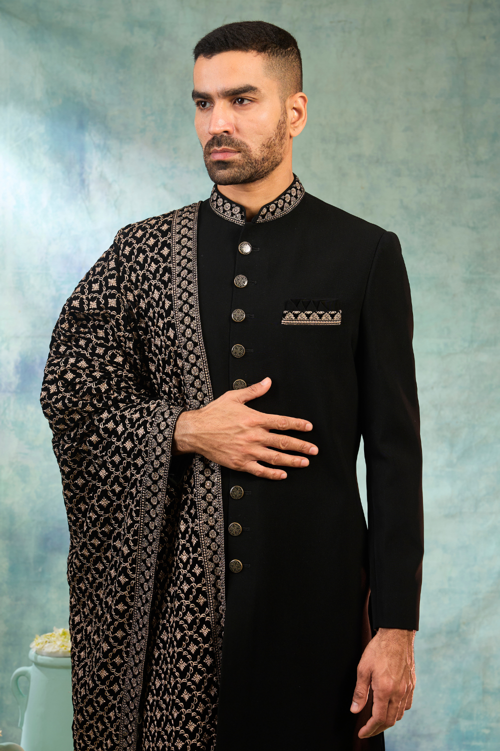 Black suiting sherwani with thread embroidery