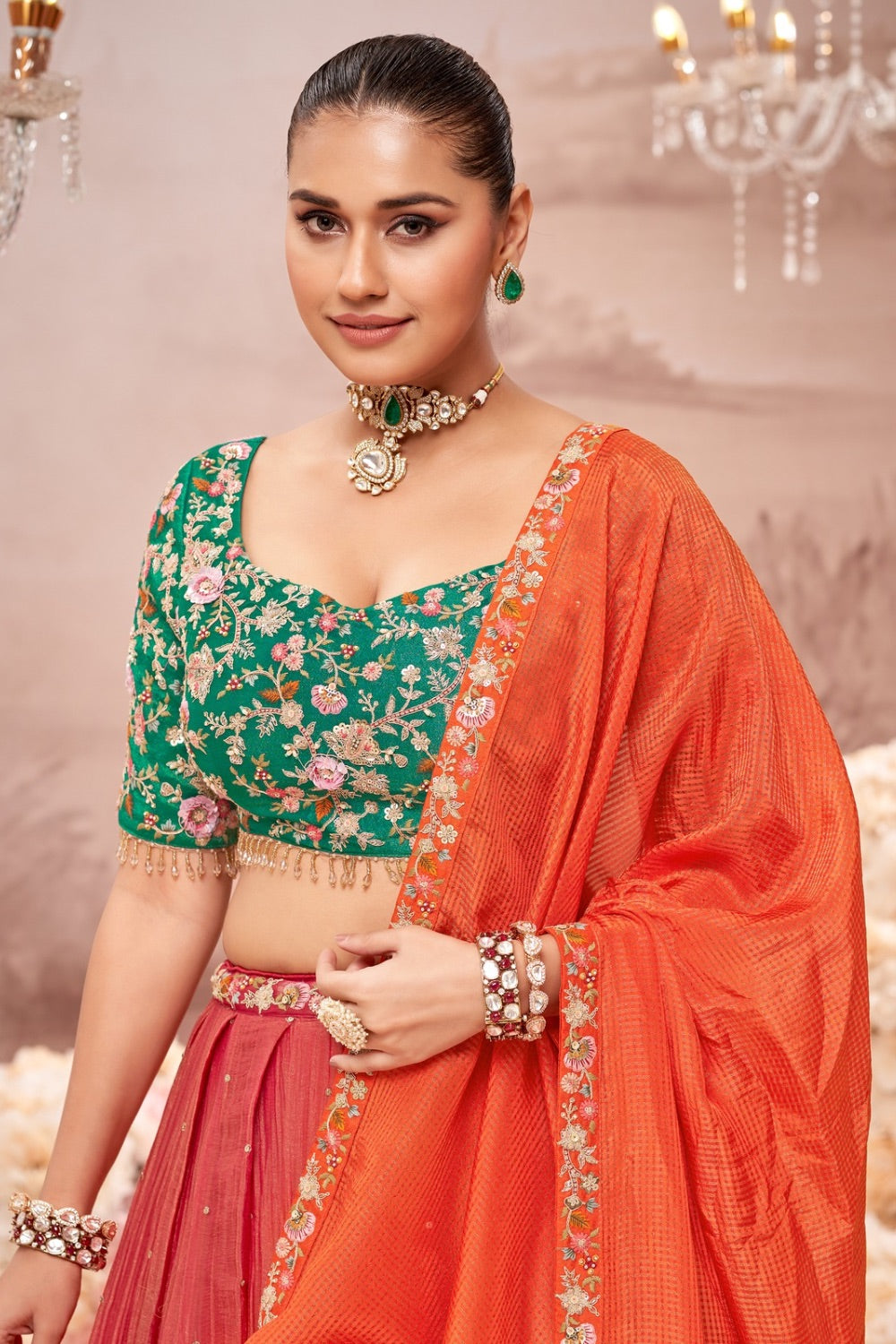 Tricolour crush tissue lehenga choli with machine work