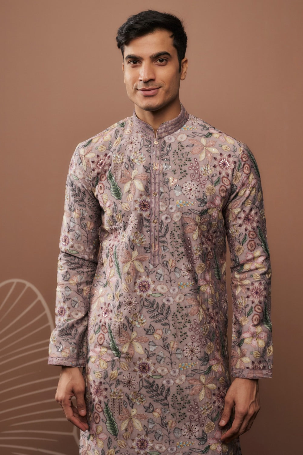 Purple silk kurta & pajama with floral hand and machine work