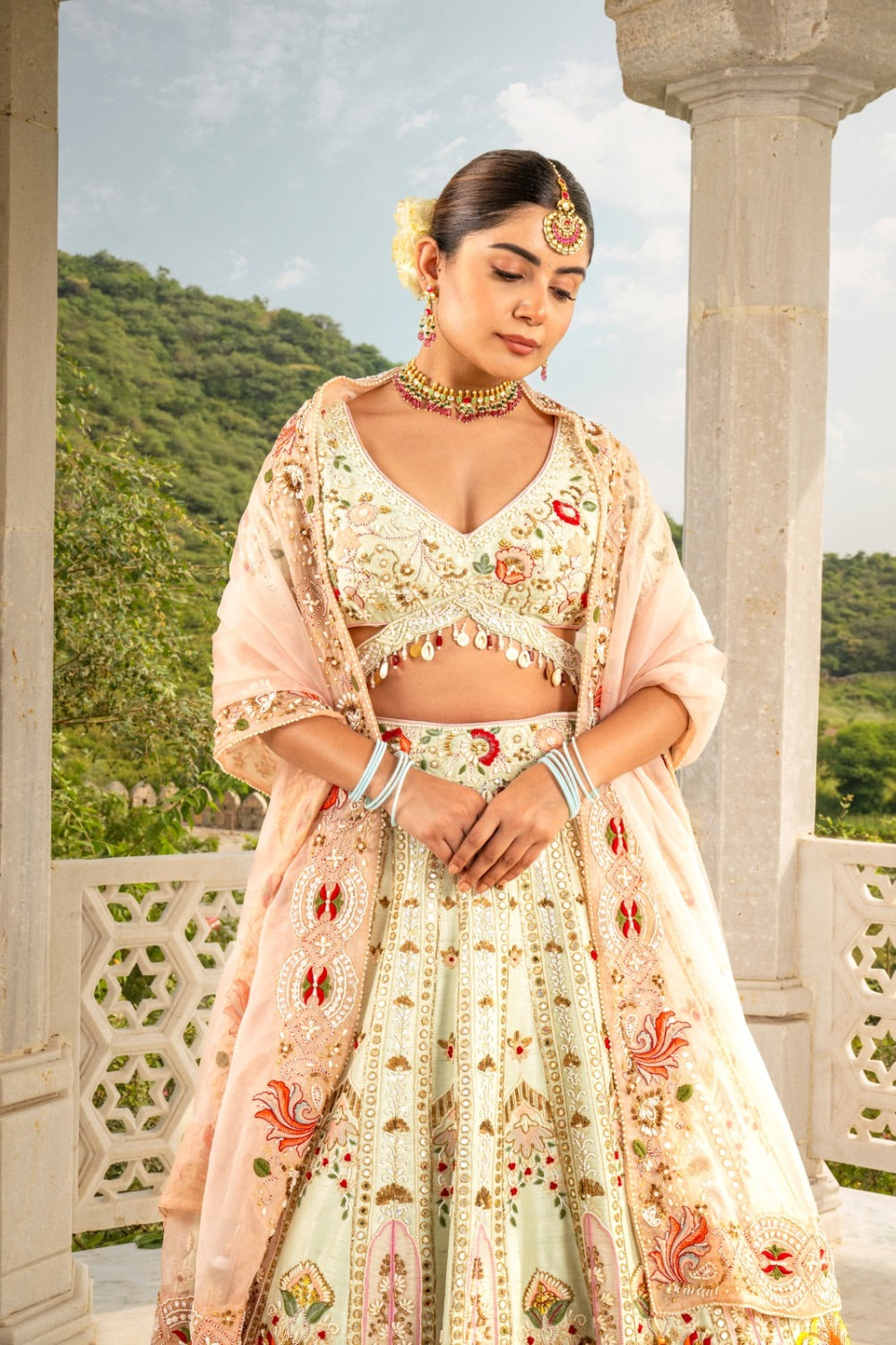 Beige raw silk zardozi embroidered lehenga choli with sequin, hand cut dana, thread and pearl work