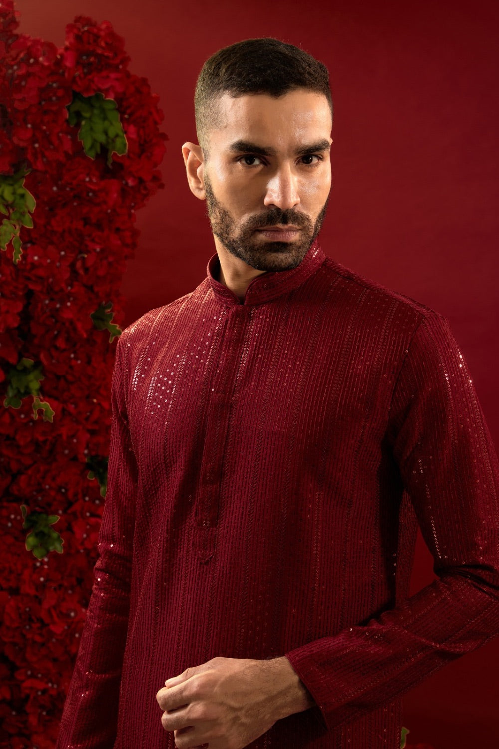 Red silk kurta set with hand and machine work