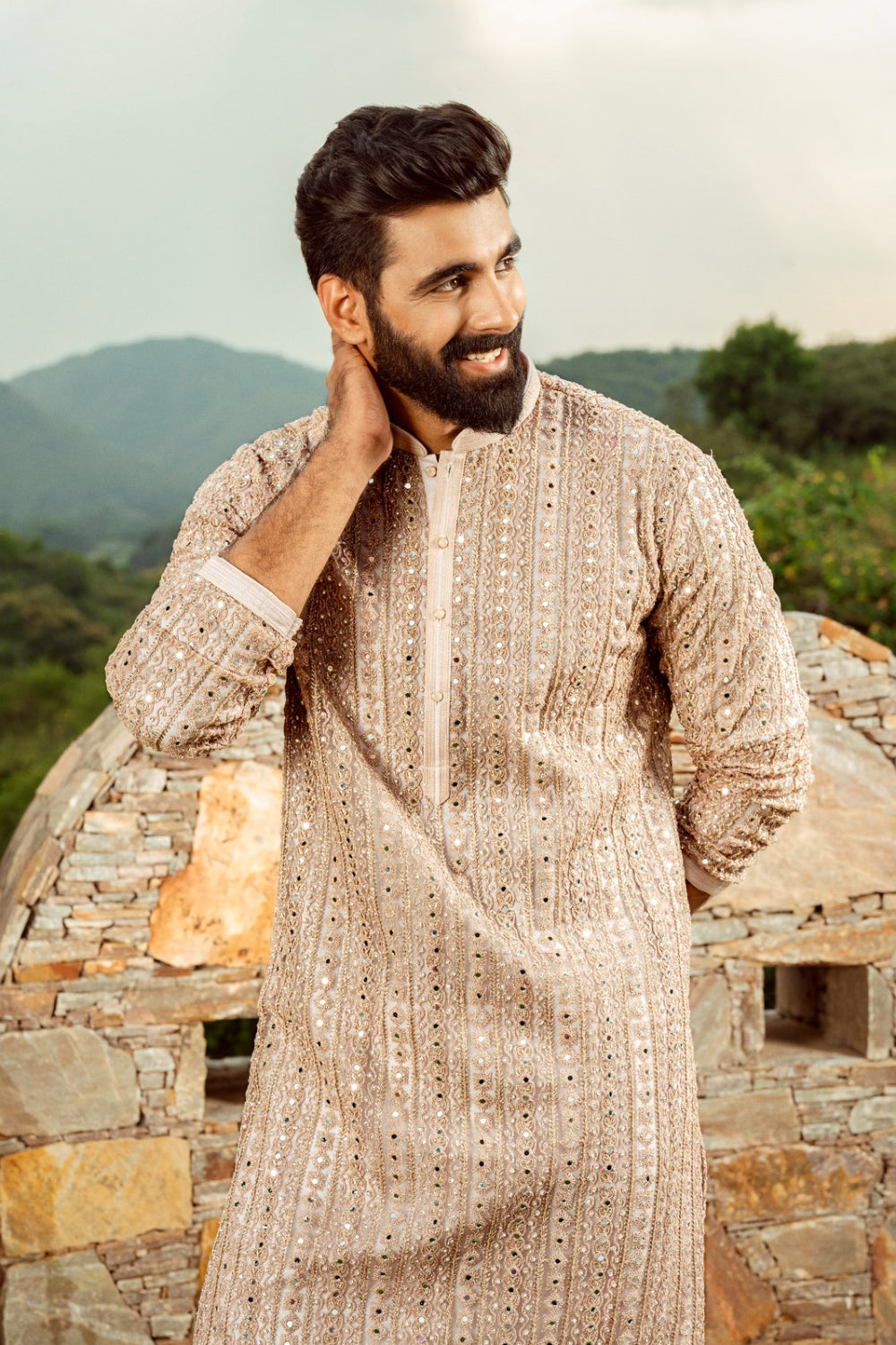 Ivory silk kurta set with mirror and thread work