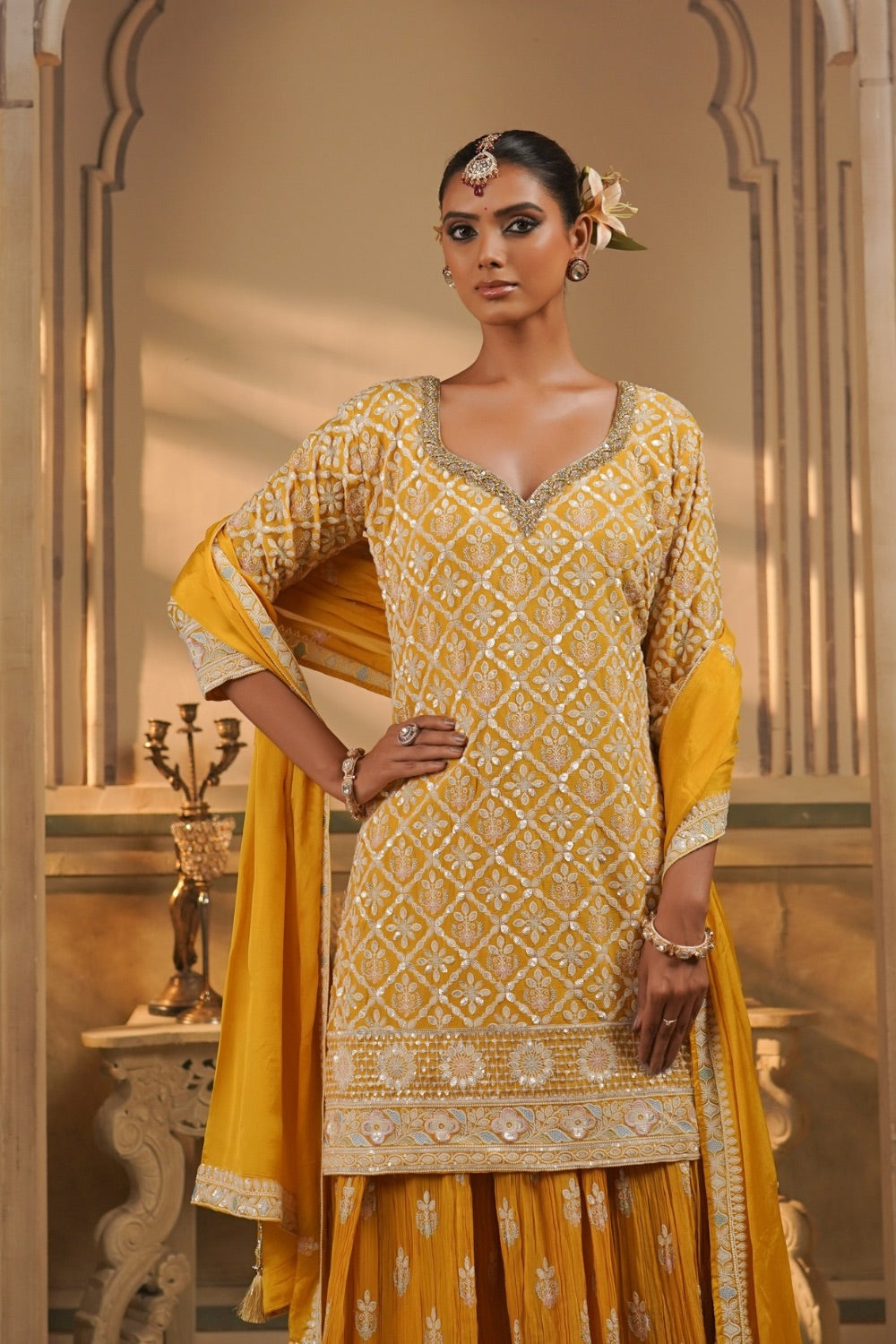 Yellow soft silk Sharara suit