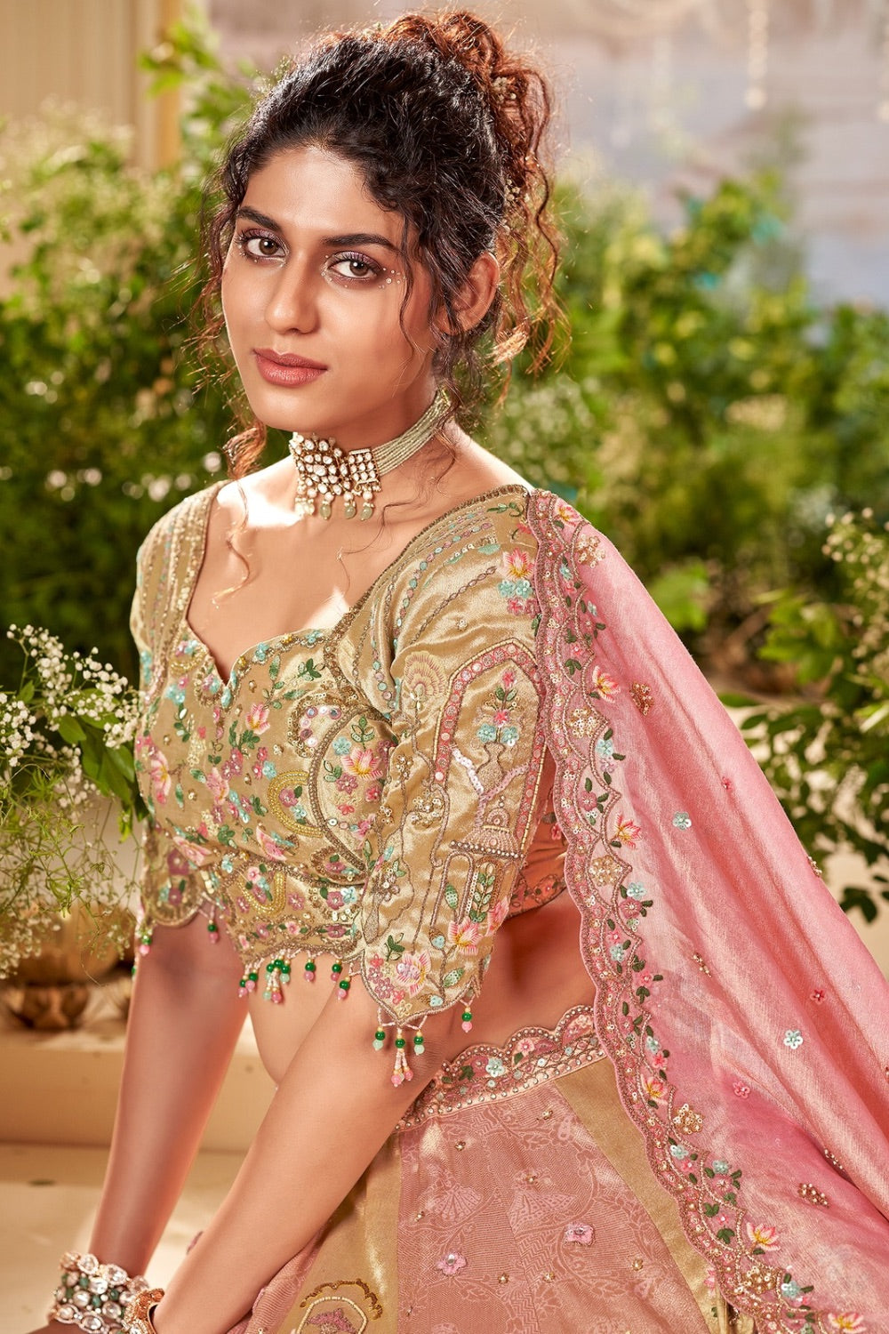 Golden & Pink tissue silk lehenga choli with machine work