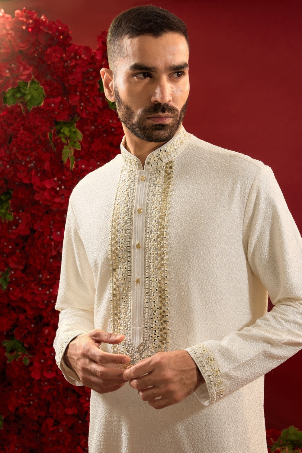 Cream silk kurta and pajama with hand and machine work