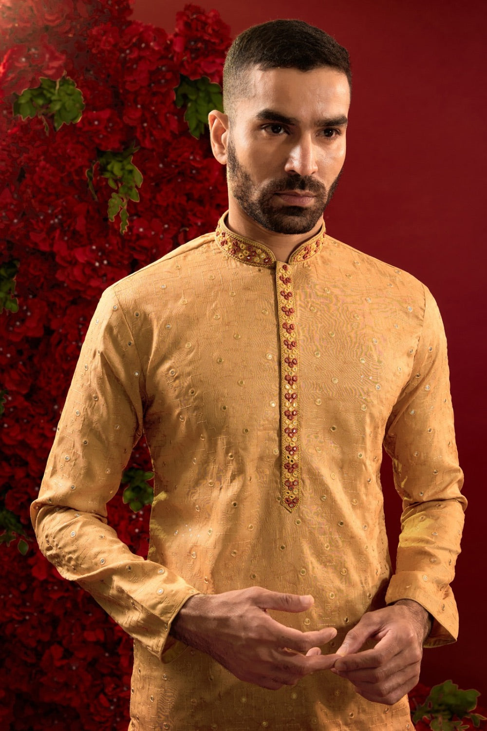 Orange-red ombre kurta set with hand and machine work