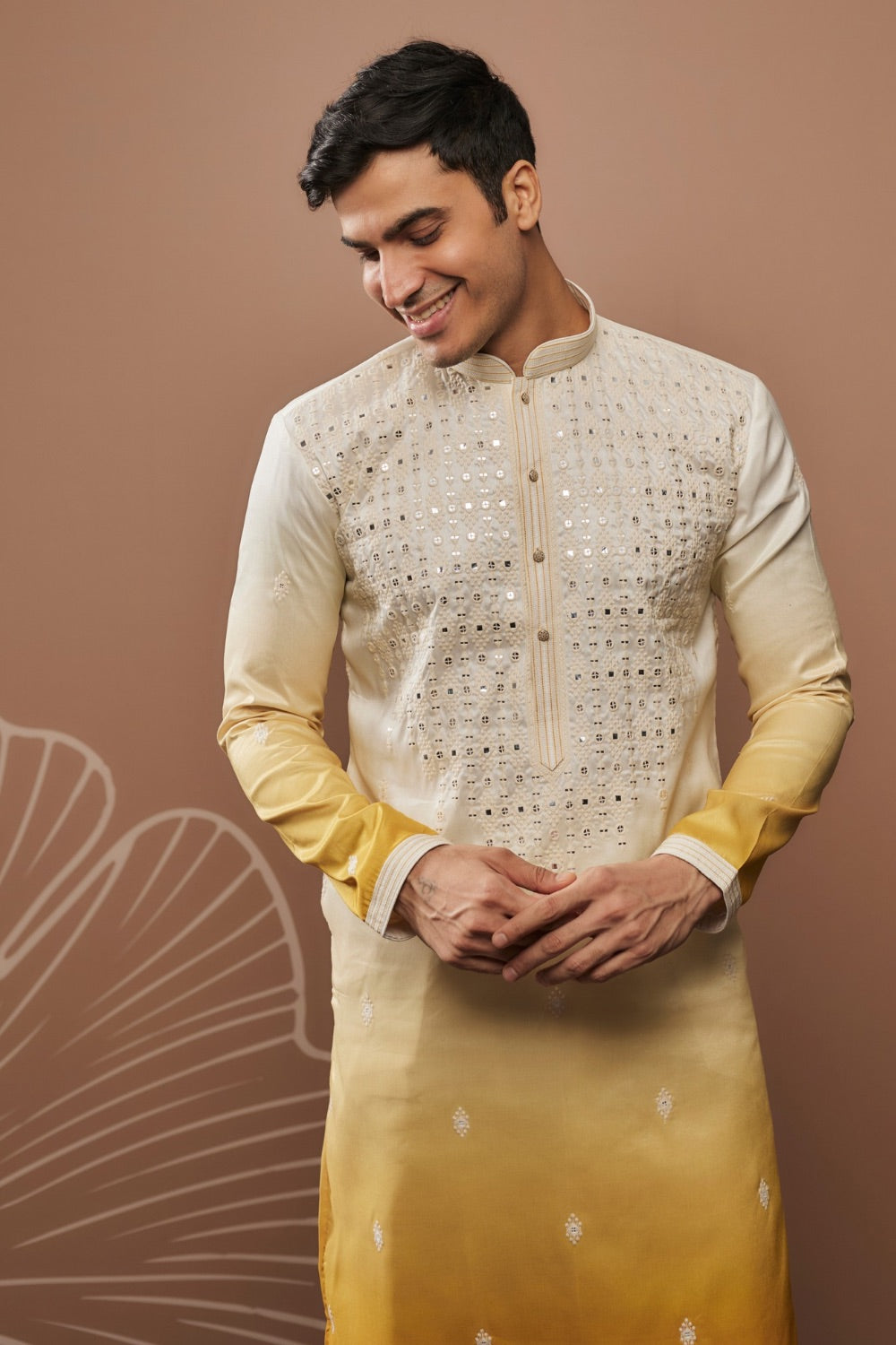 White-yellow ombre silk kurta set with mirror work