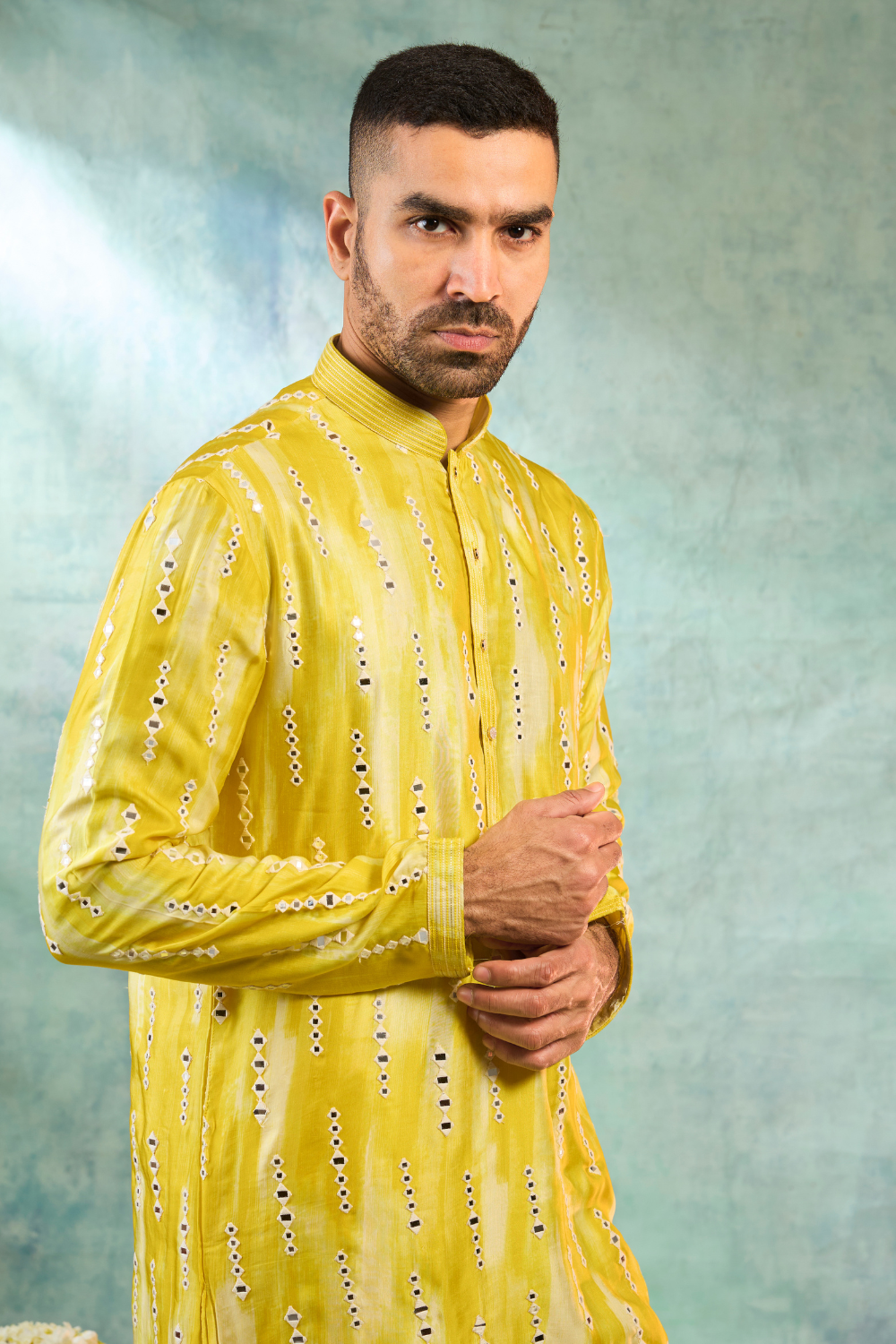 Mustard yellow kurta with thread and mirror work with cream pyjama