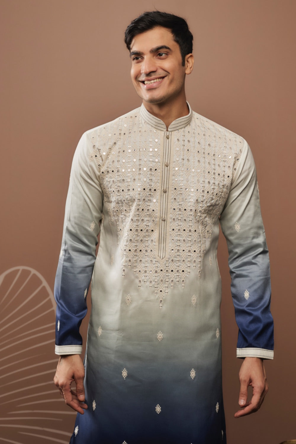 Navy blue shaded silk kurta and pajama with hand and machine work