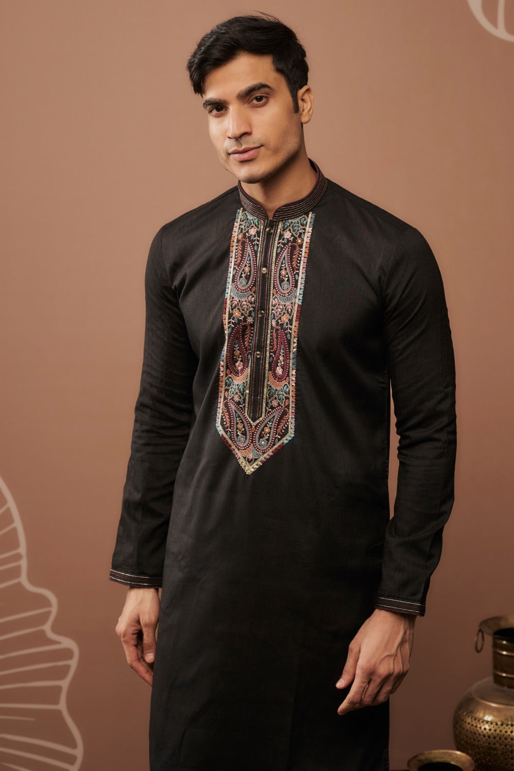 Black silk kurta pajama with hand and machine work