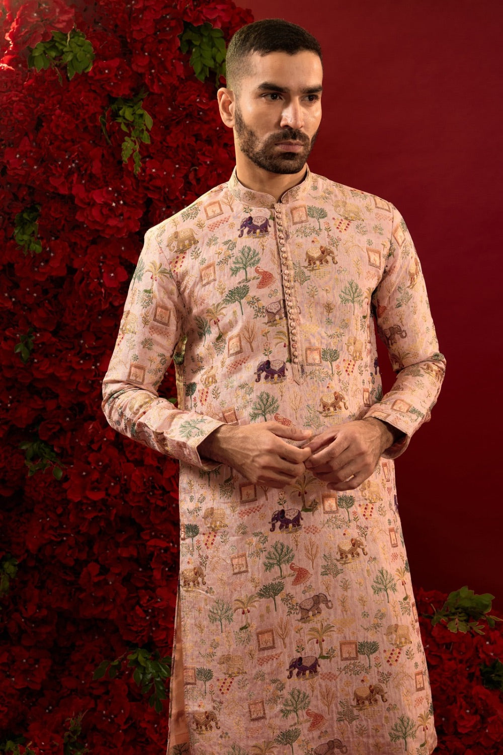 Light pink silk kurta with multicolour machine work