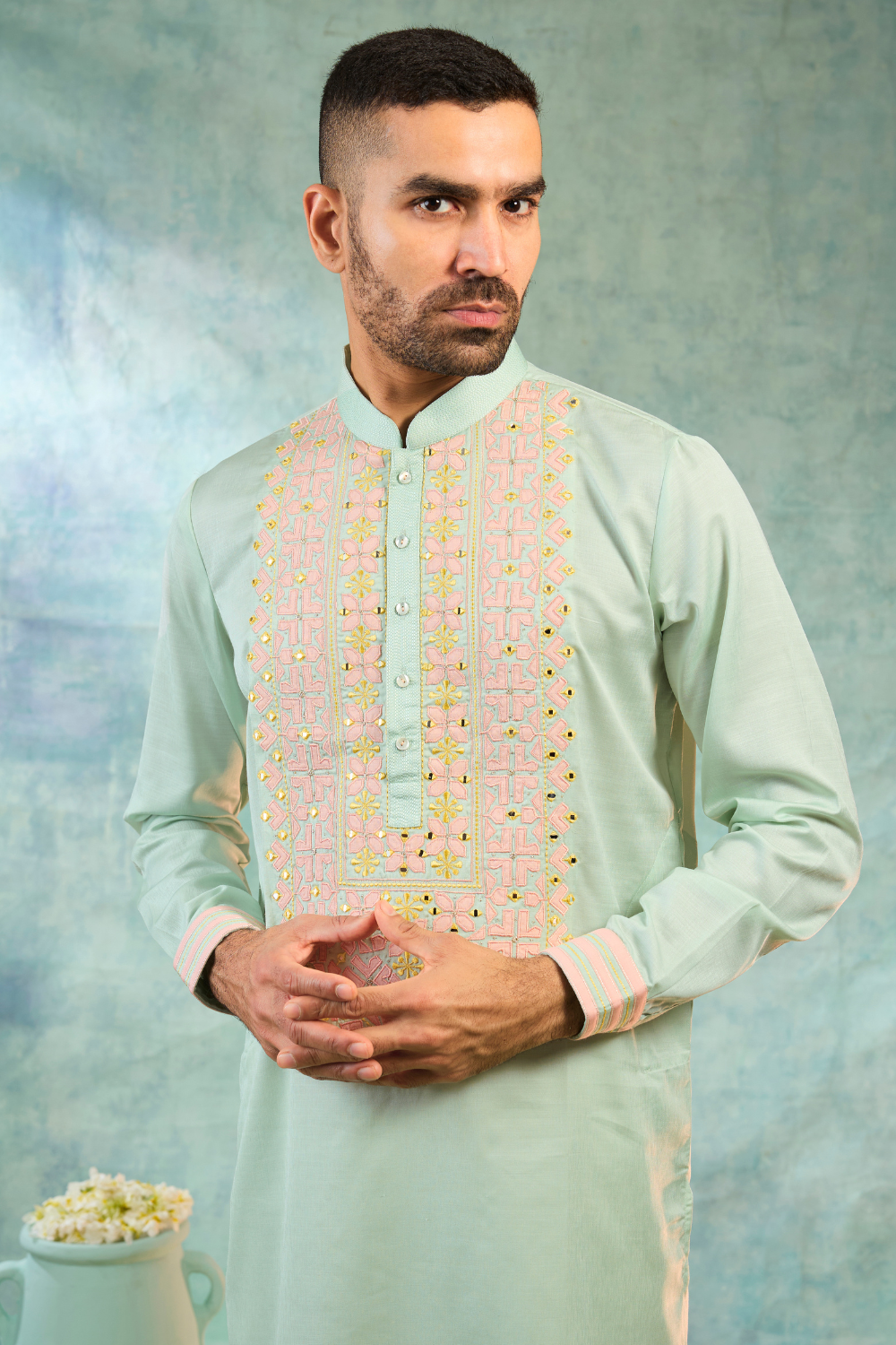 Mint kurta set with pink thread work and mirror work