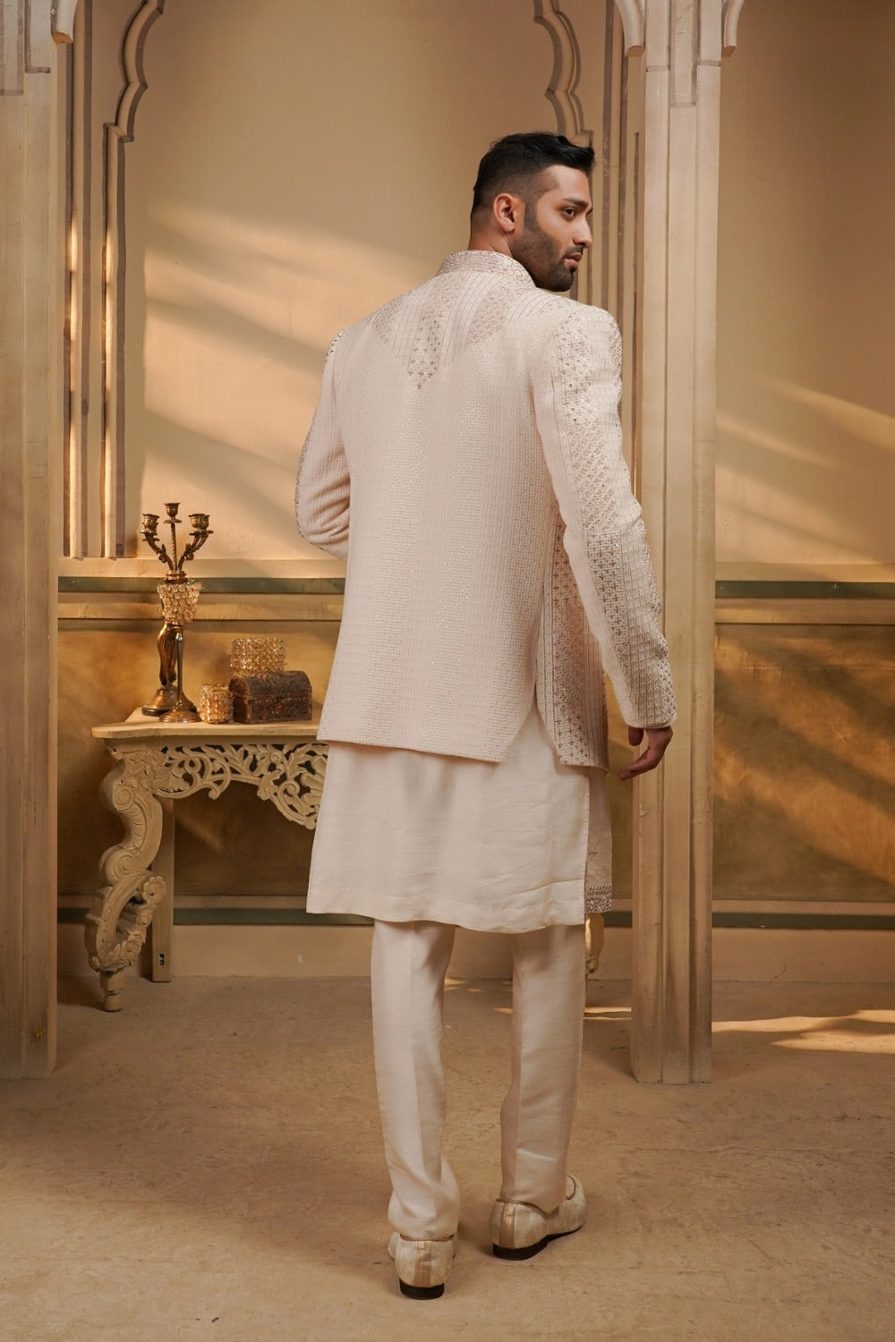 Rose gold white silk open jacket kurta set