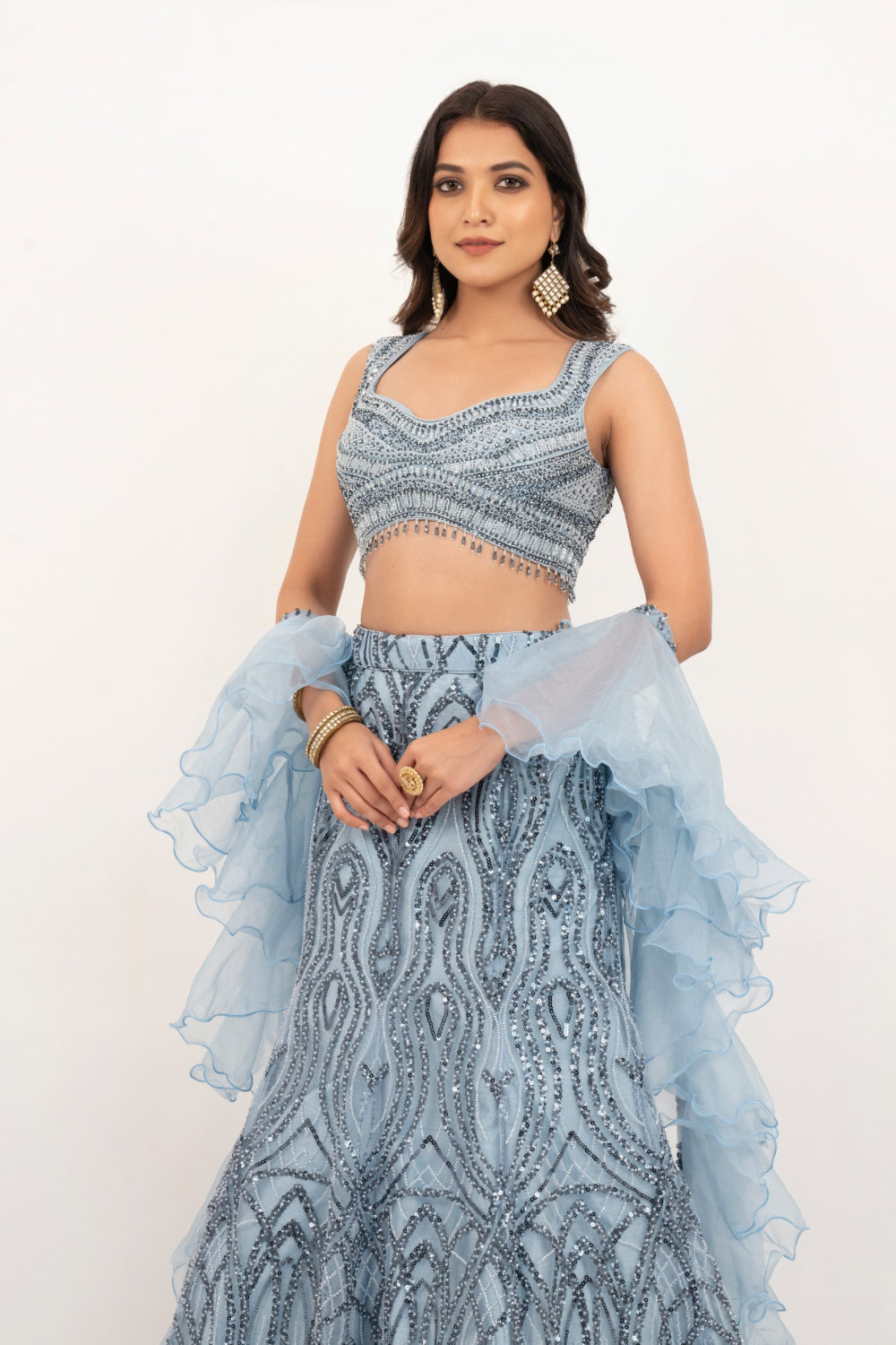 Powder Blue net lehenga choli with Sequins and hand cut dana work