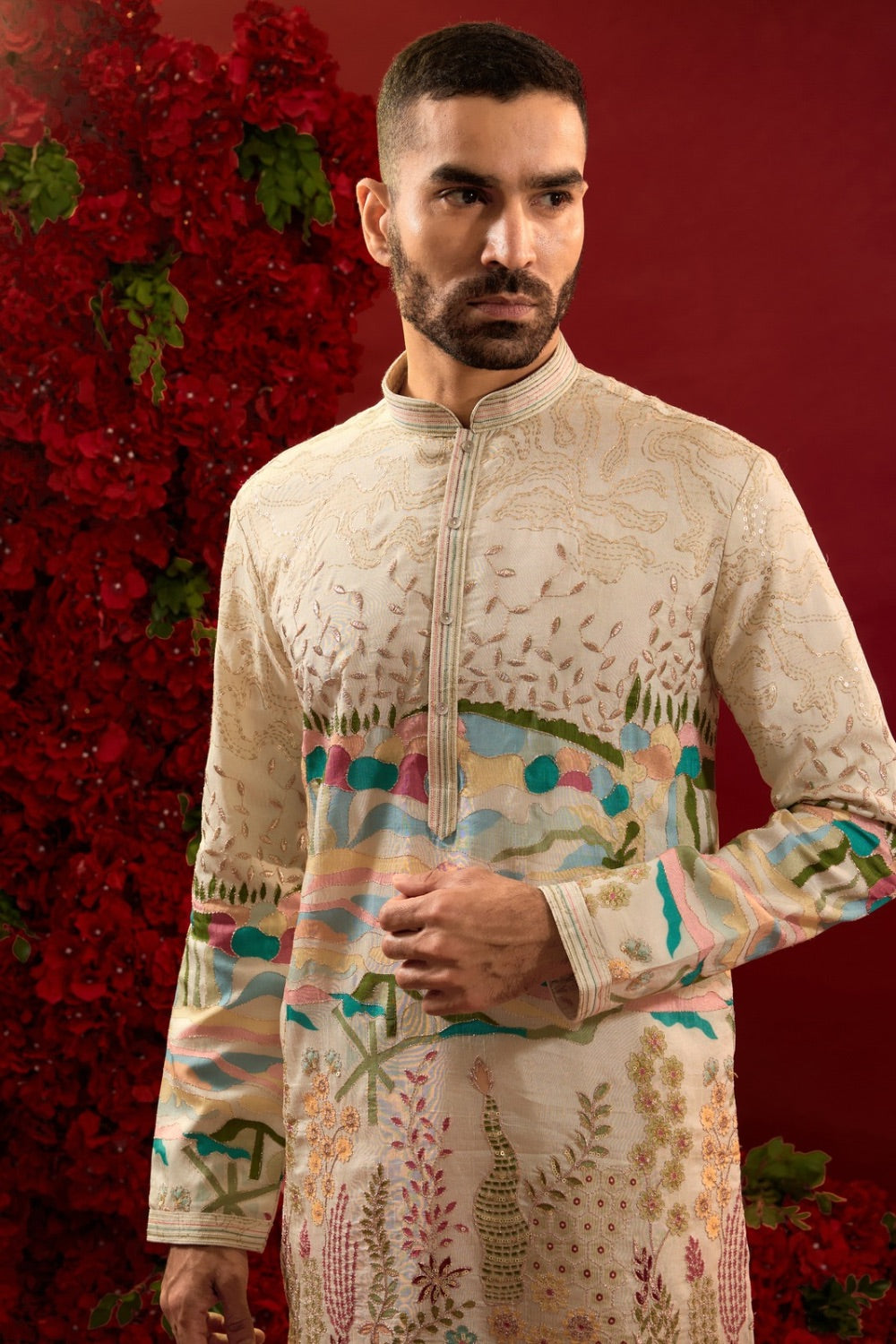 Beige silk kurta & pajama with machine work