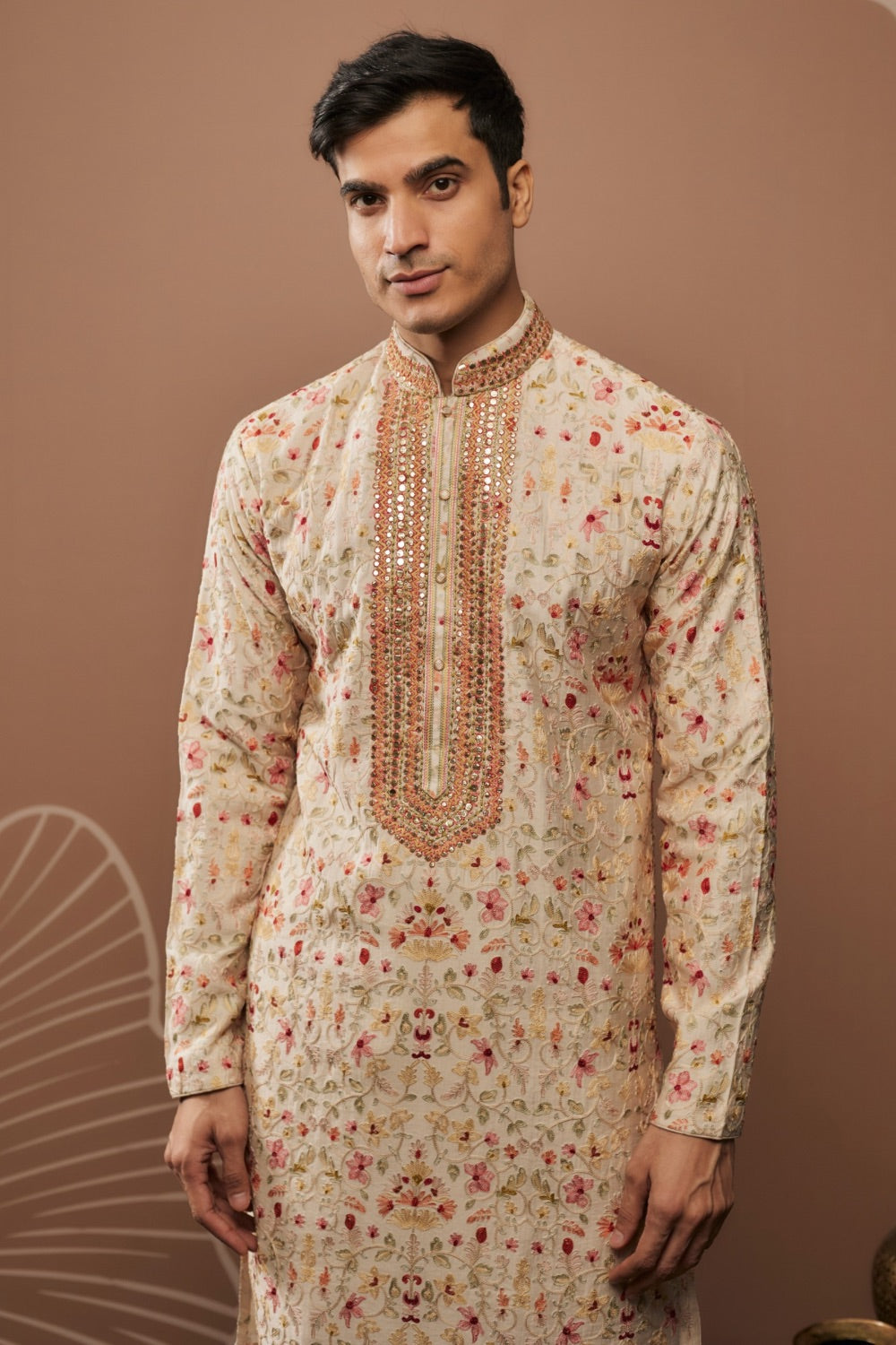 Ivory silk kurta set with hand and machine work