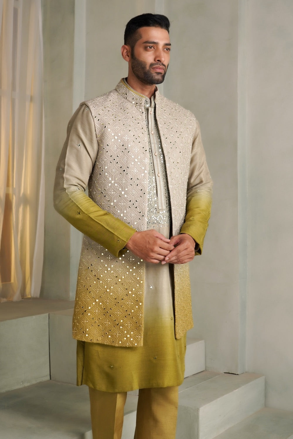 Ivory mustard yellow ombre art silk koti kurta set