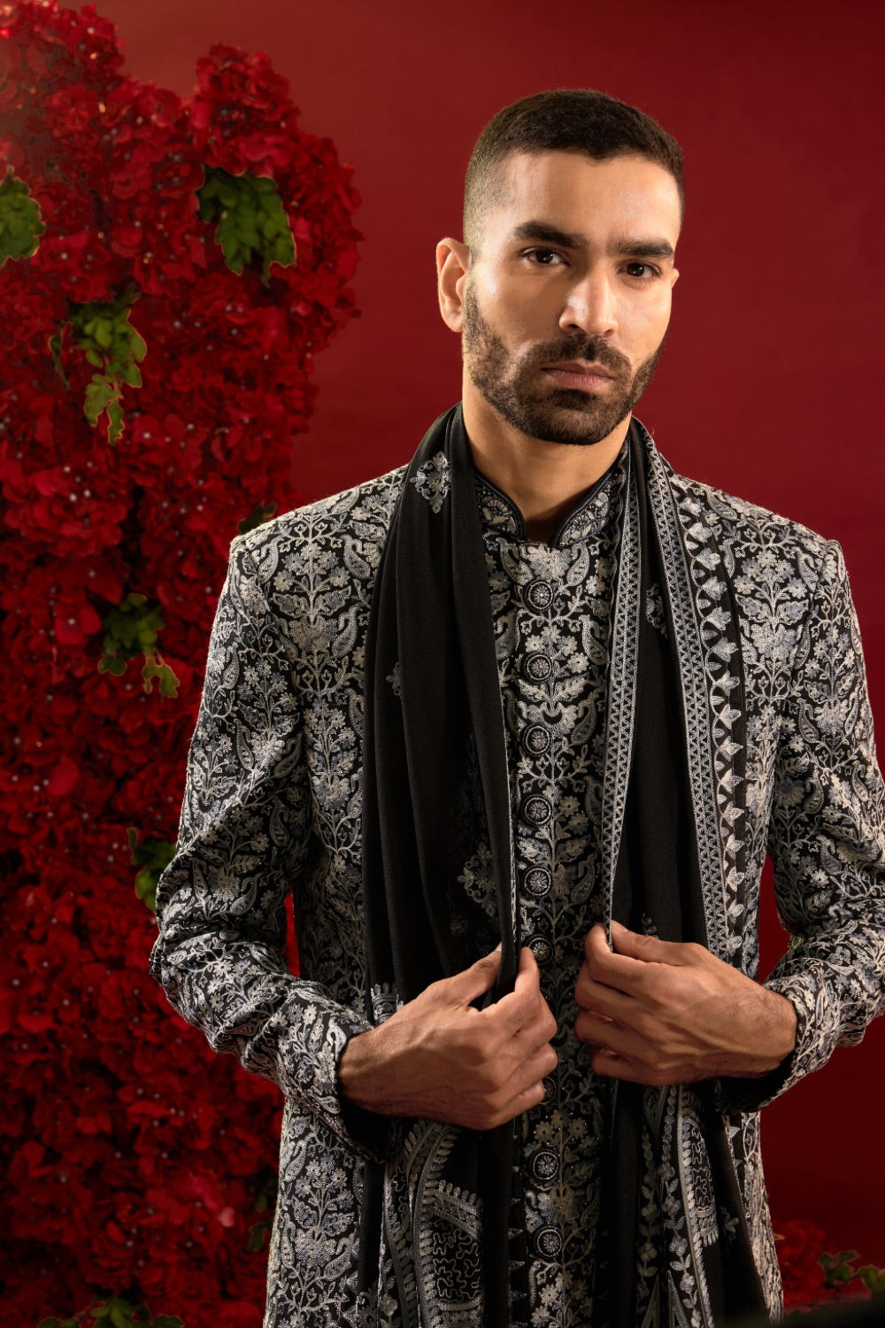 Black silk sherwani with silver machine work