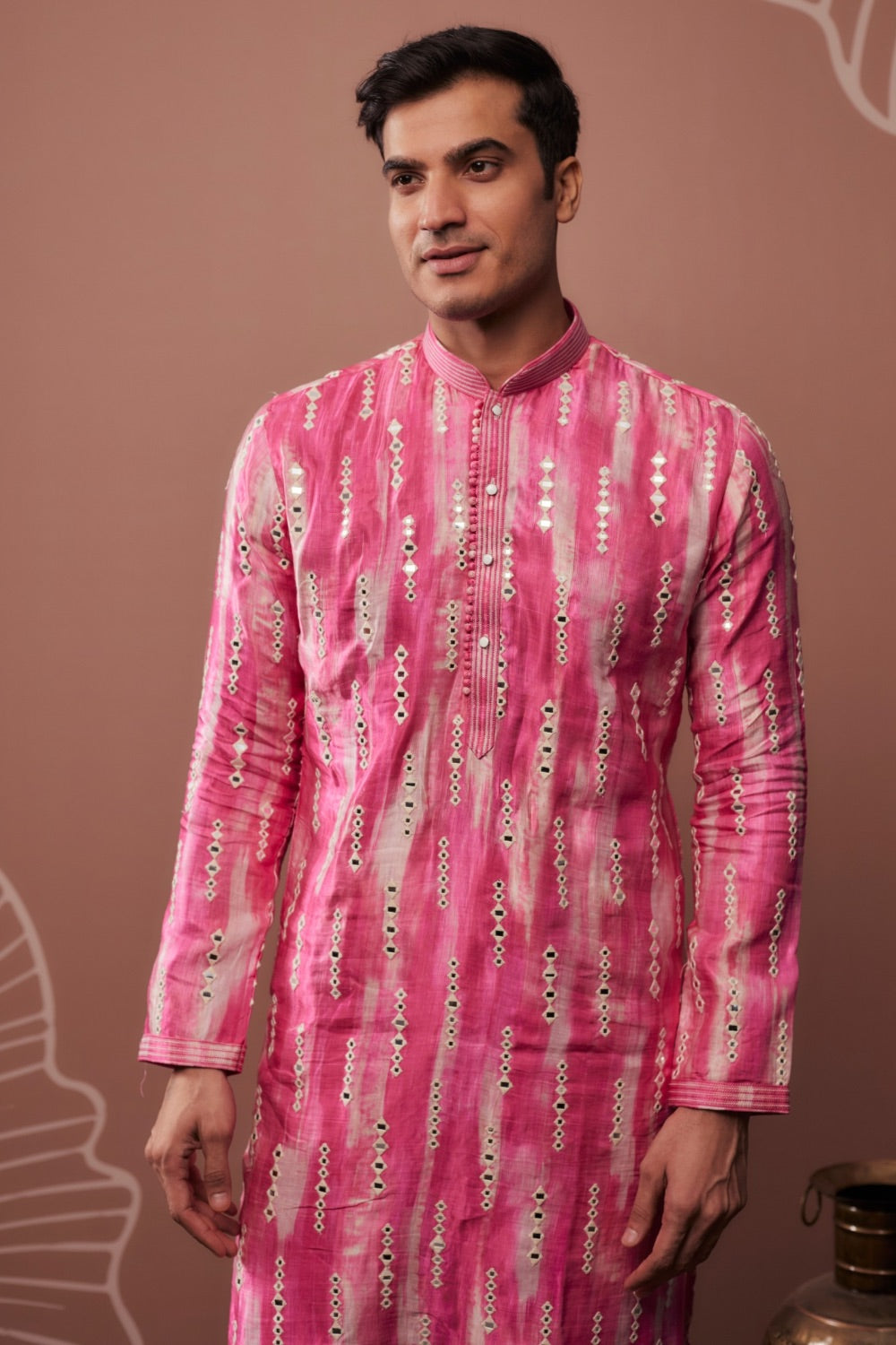 Pink and white silk kurta pajama with hand & machine work