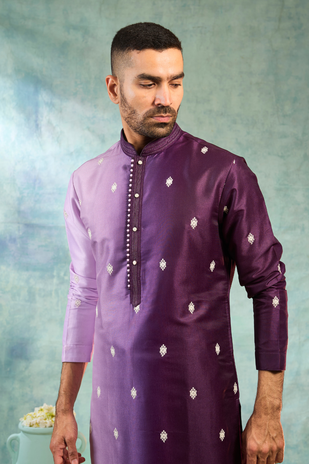 Purple silk kurta set with ombre effect and white motifs