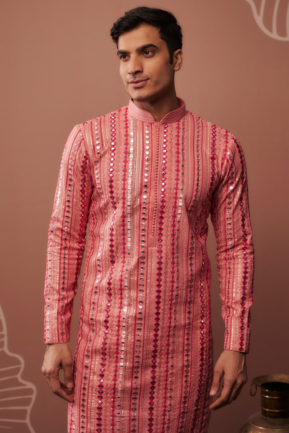 Pink striped silk kurta set with mirror work