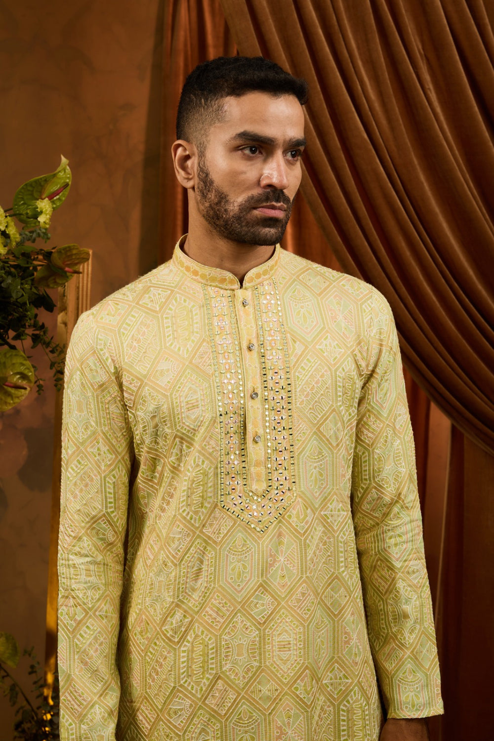 Yellow silk kurta pajama set with sequin and mirror thread work