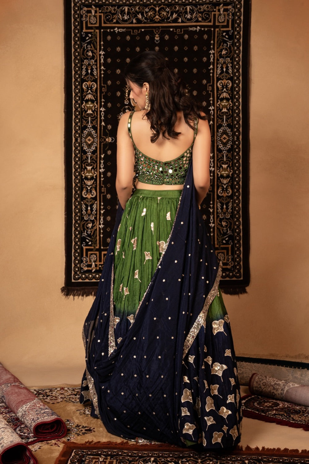 Green & Blue ombre soft silk lehenga choli with mirror and sequin work