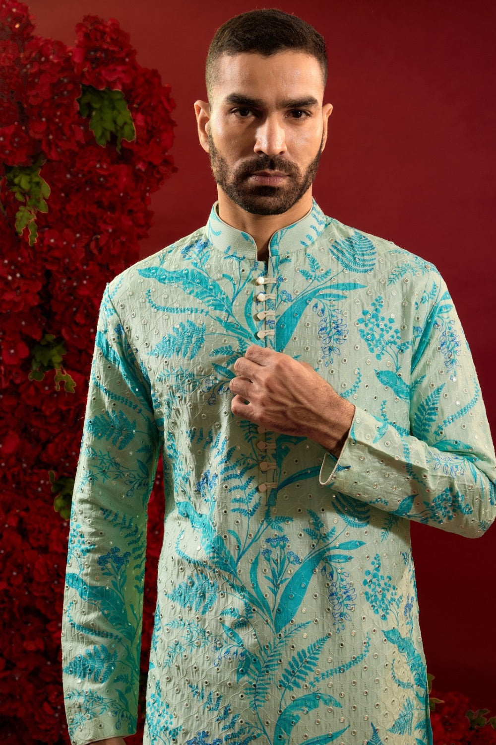 Blue silk kurta set with hand and machine work