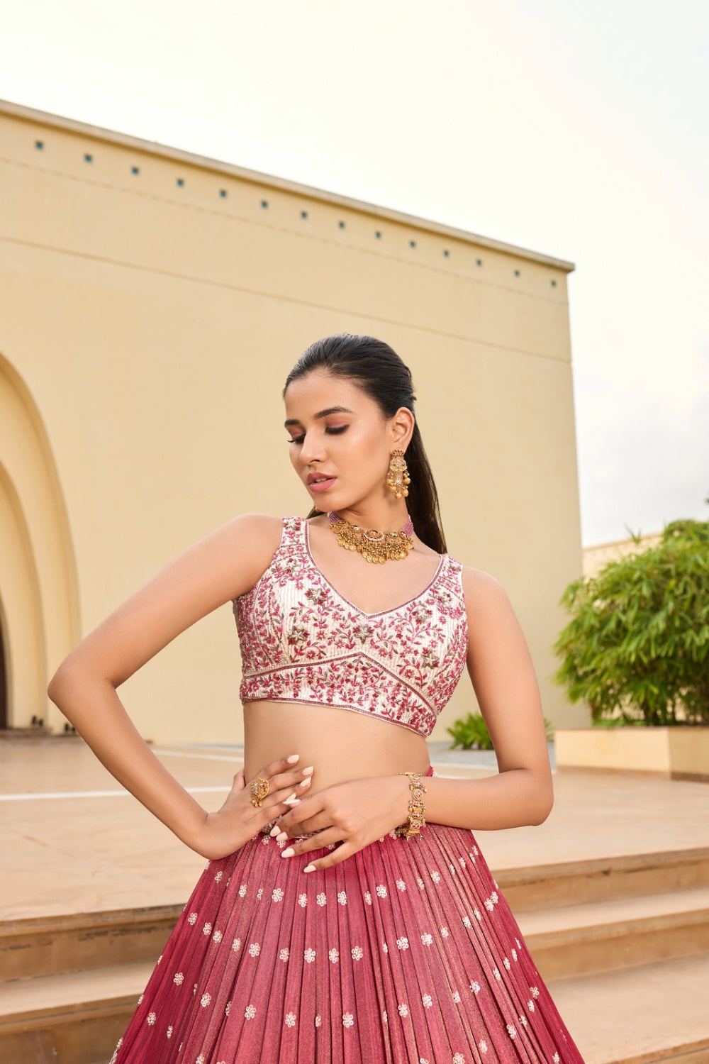 Dusty rose pink silk lehenga choli with sequins and hand cut dana work