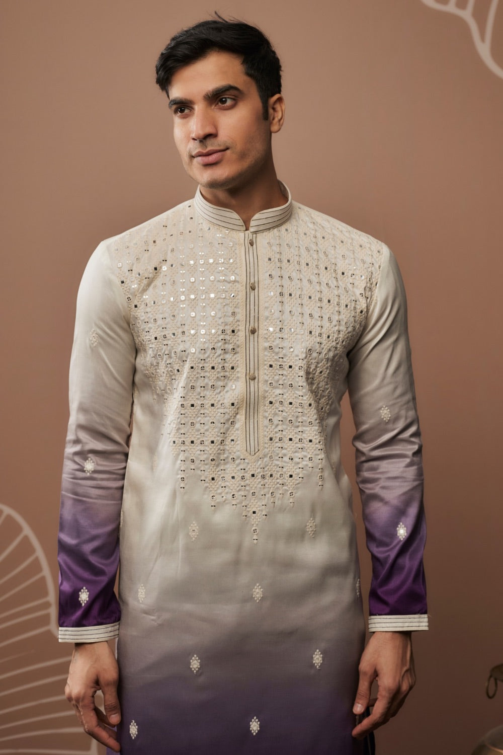 Purple shaded silk kurta pajama with hand and machine work