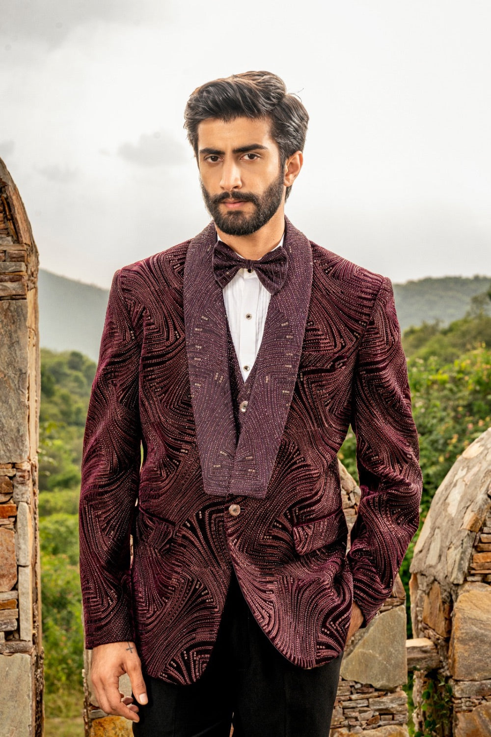 Wine five piece velvet tuxedo with thread and pearl work