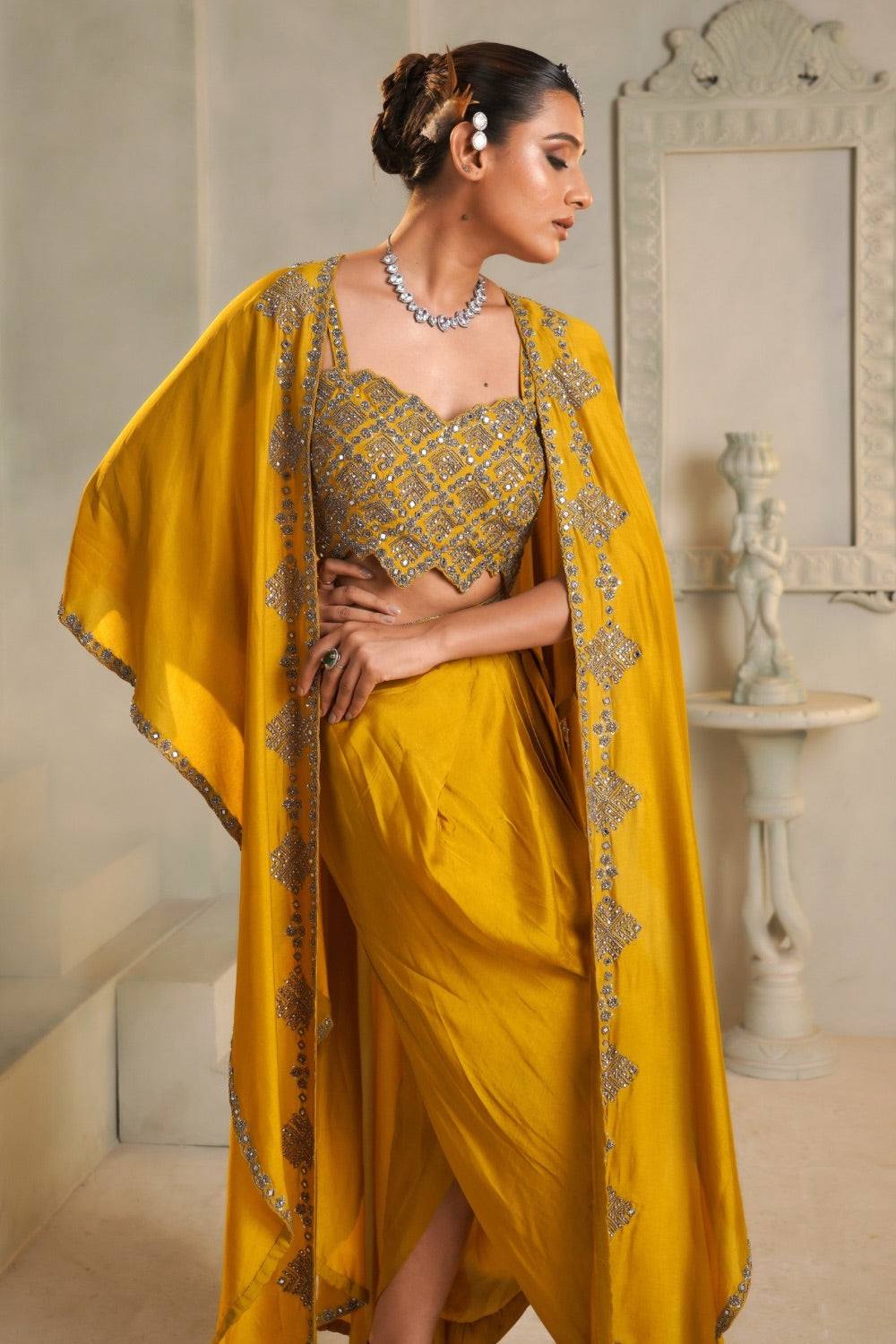 Mustard yellow gaji silk Indo western