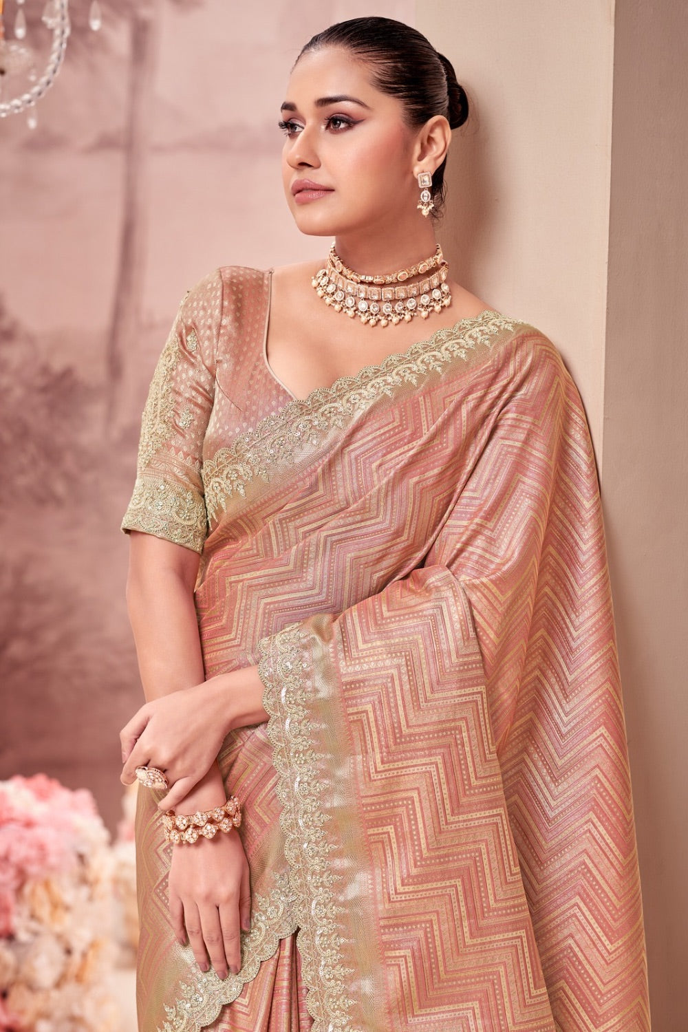 Peach soft silk saree with matching unstitched blouse