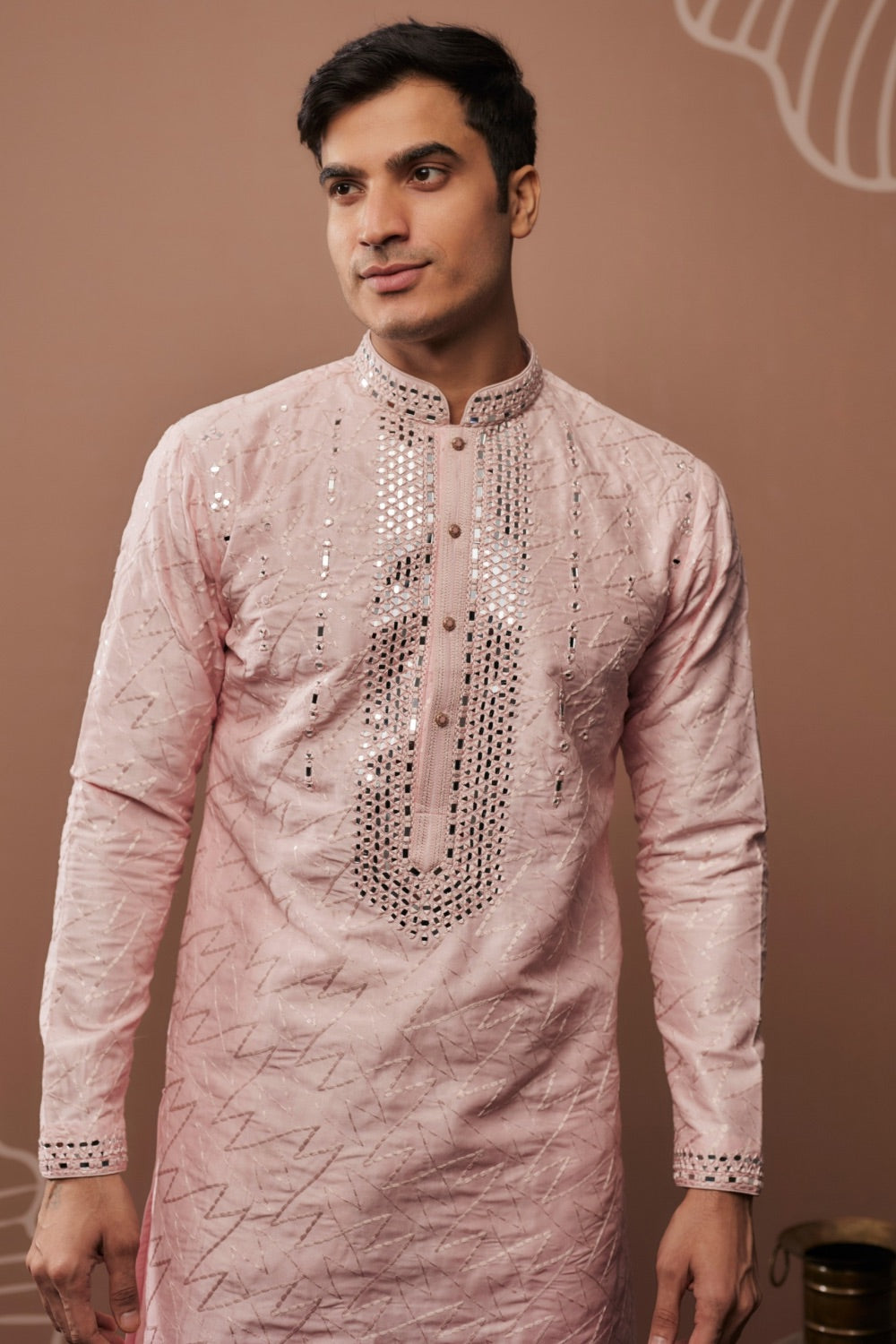 Pink mirror embroidered silk kurta set