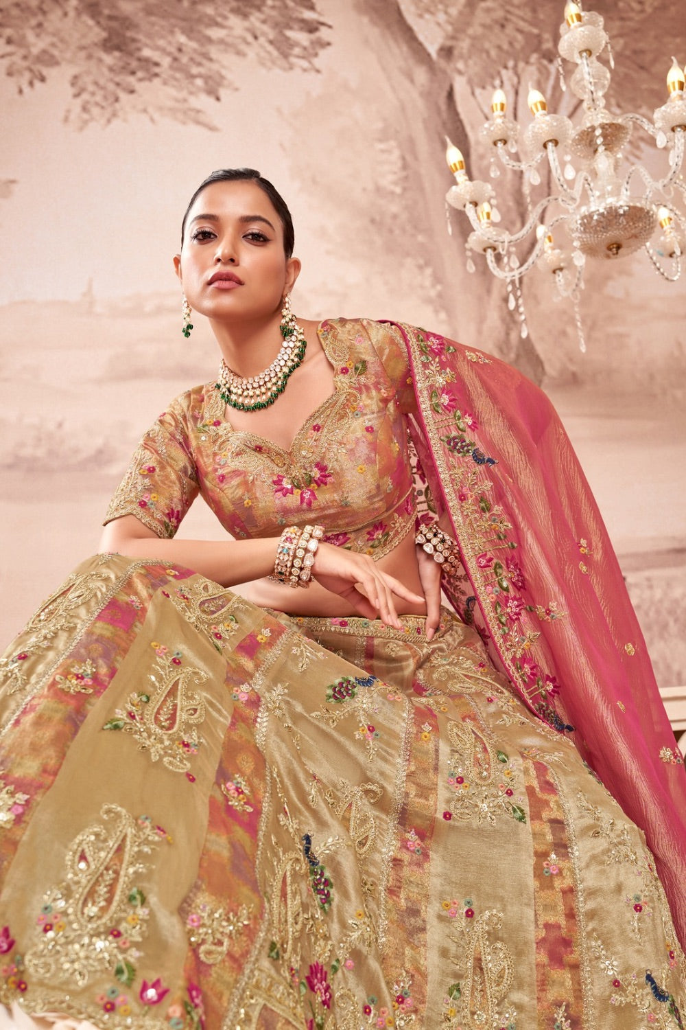 Peach & Beige banarasi silk lehenga set