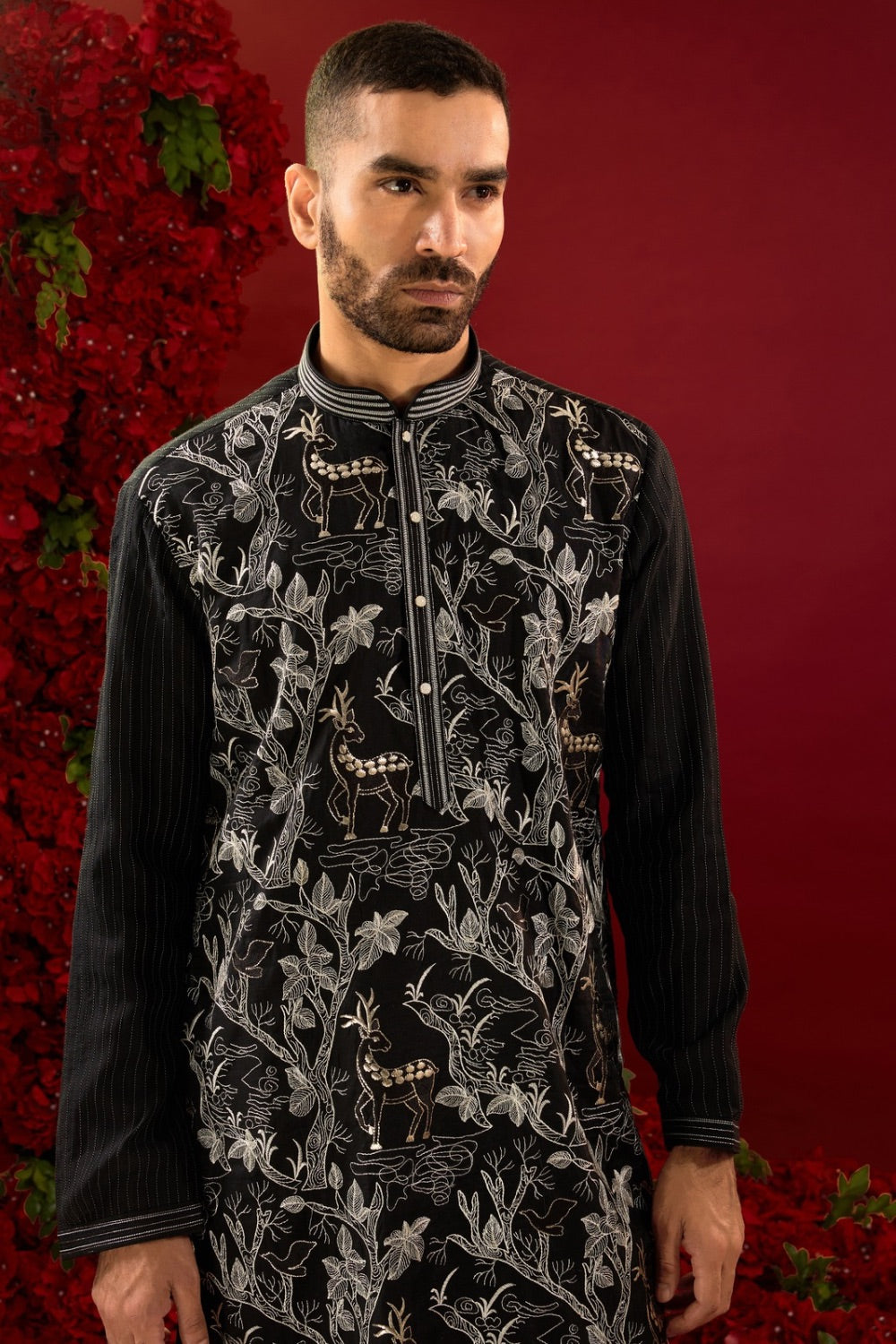 Black silk kurta pajama with hand and machine work