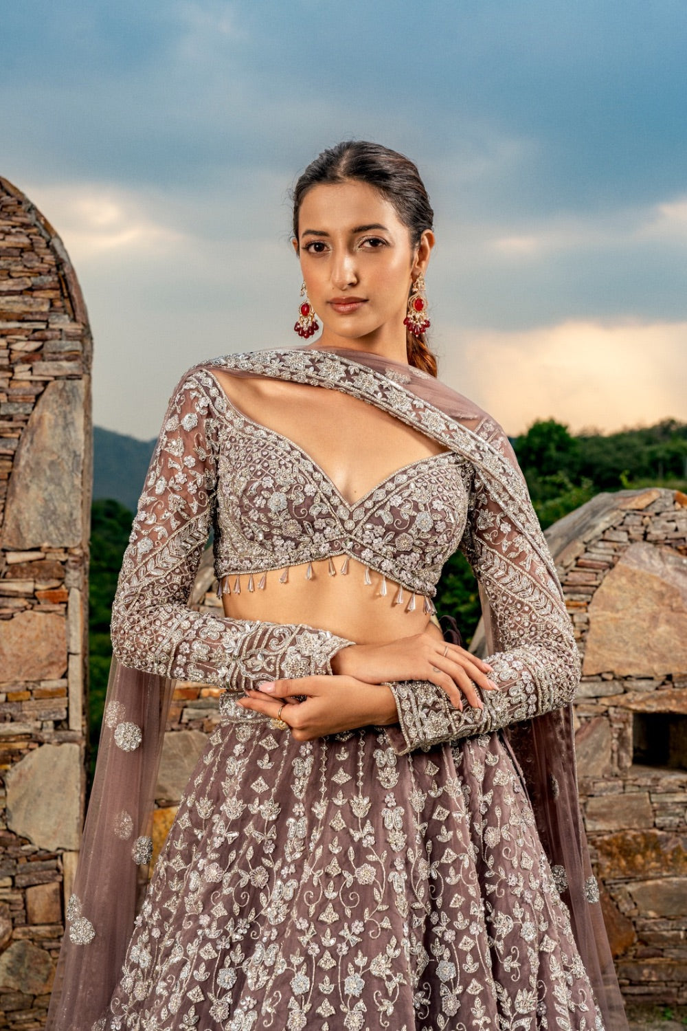 Dusty mauve organza lehenga choli with zardozi work