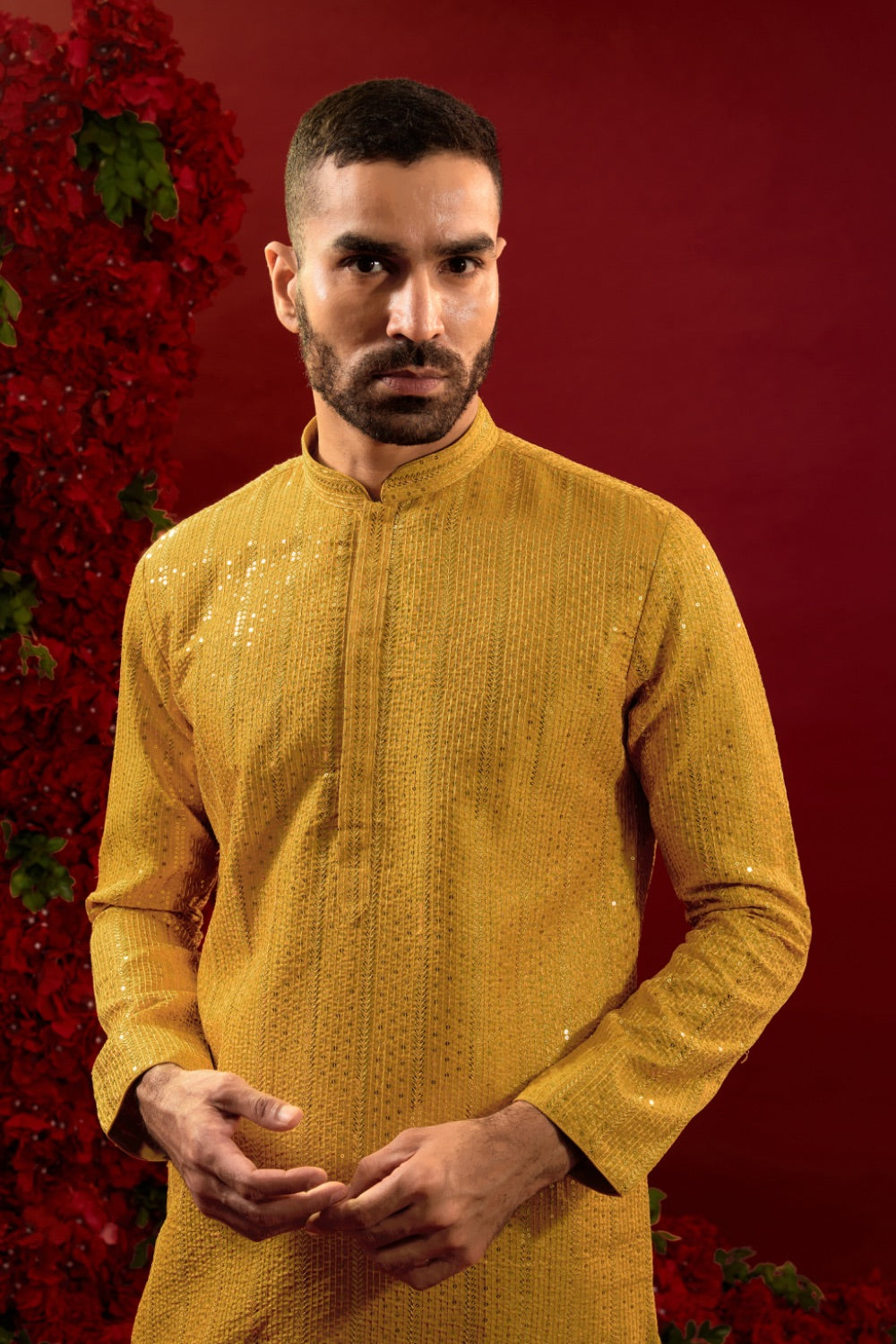 Mustard yellow silk kurta set with machine work