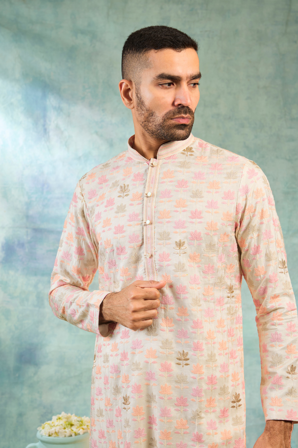 Ivory silk kurta set with baby pink and ivory thread work and golden butti